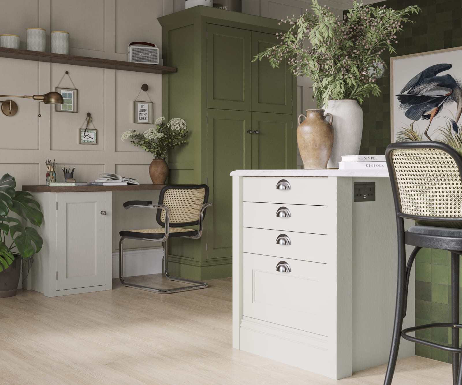 Off-white and olive green kitchen featuring shaker-style cabinetry and a desk area within the space.