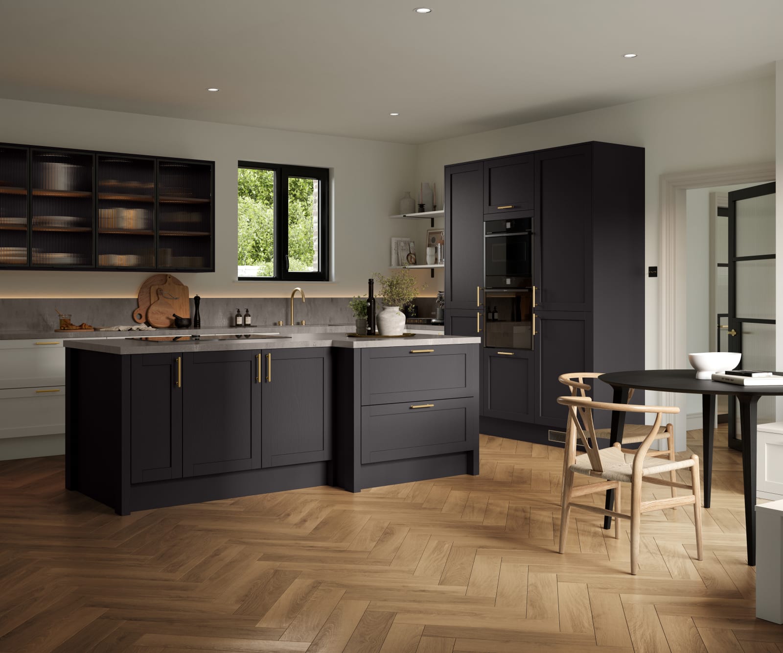 A contemporary Shaker kitchen with black cabinets and hardwood floors, paired with fluted glass cabinets.