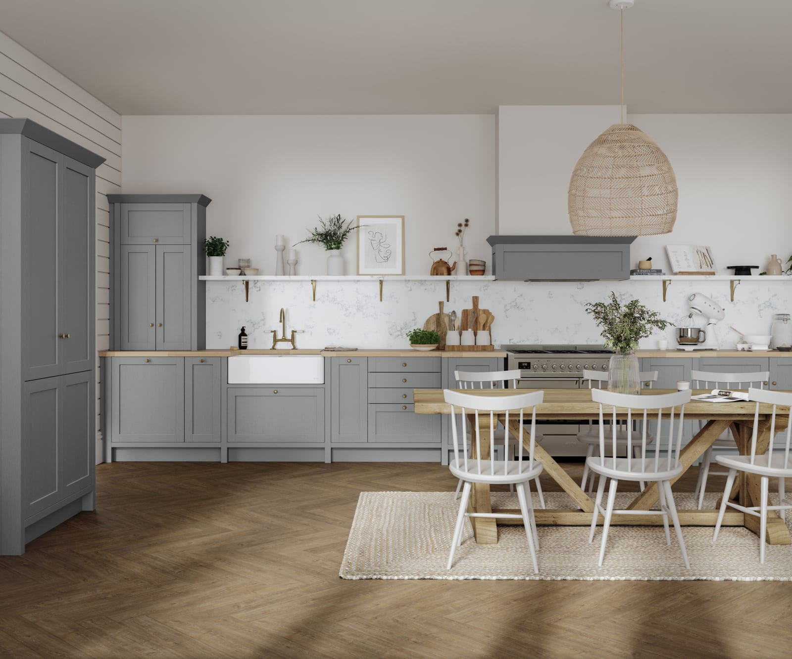 A contemporary home with a grey kitchen featuring white cabinets and wooden floors.