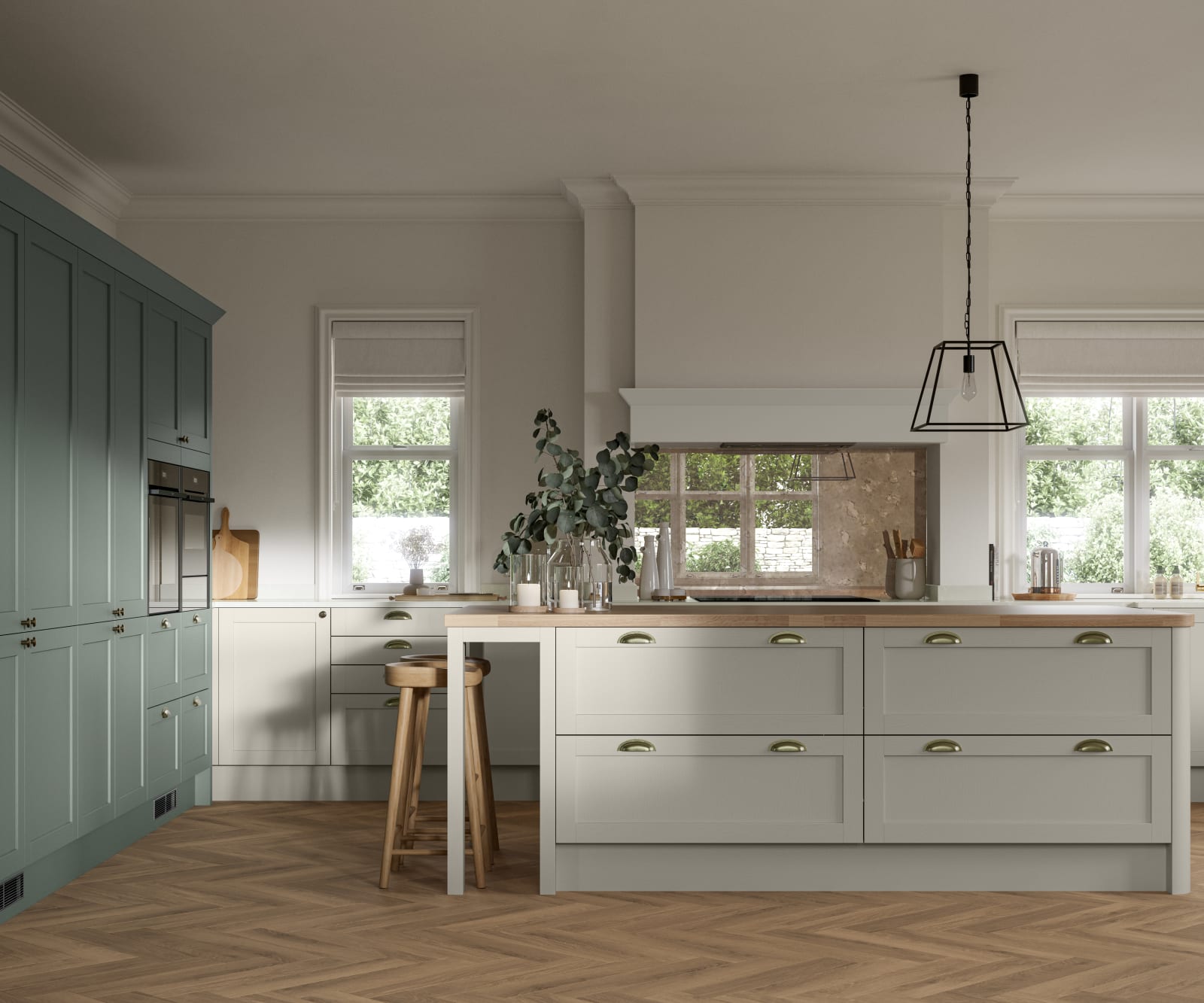 Ambleside kitchen range shown in a home kitchen with blue Shaker cabinets and wood floors.