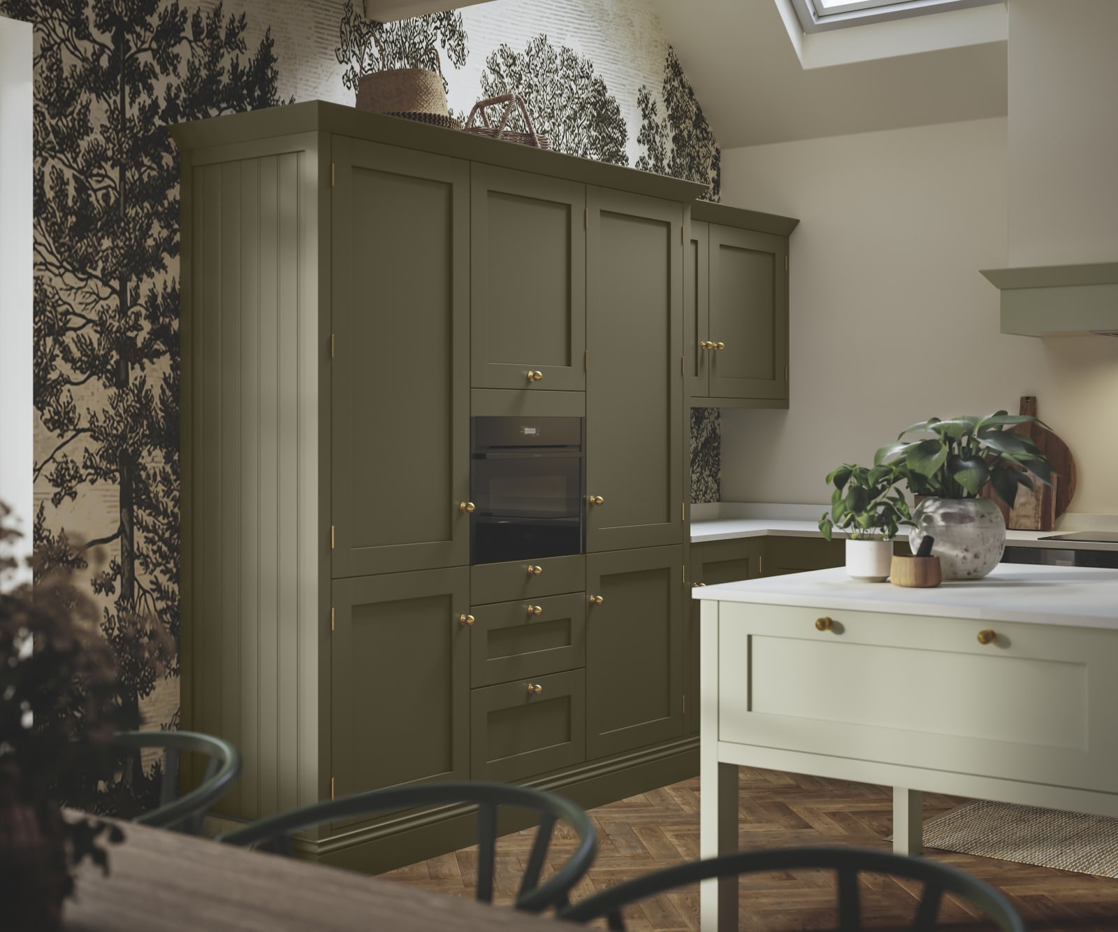 Tall Wardley Arboretum kitchen cabinets and a lighter kitchen island, all with brass details.