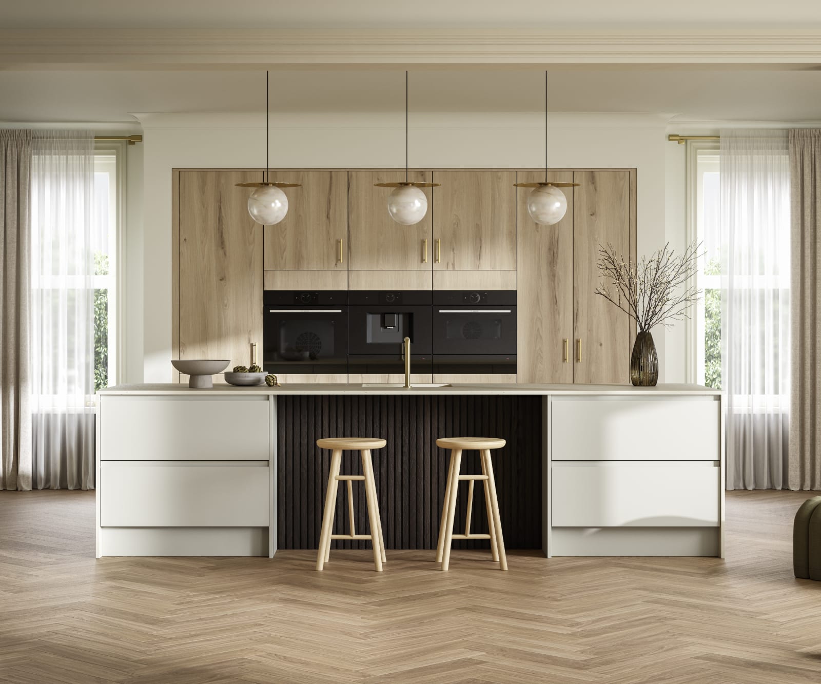 A bright and airy open-plan kitchen that incorporates Duxbury drawers and cabinets in Limestone, and Portobello units in Bosco.