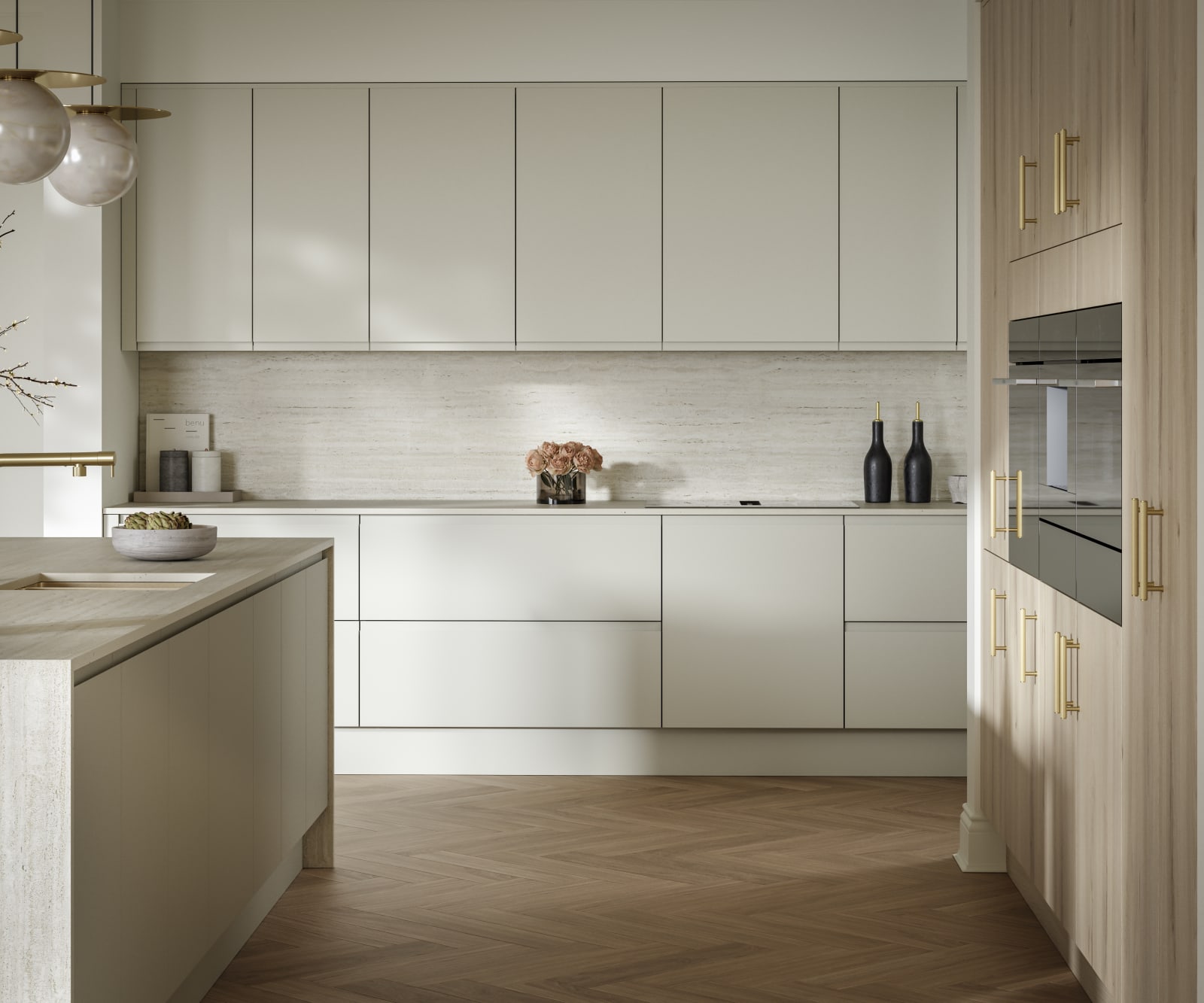 A bright and airy open-plan kitchen that incorporates Duxbury drawers and cabinets in Limestone, and Portobello units in Bosco.