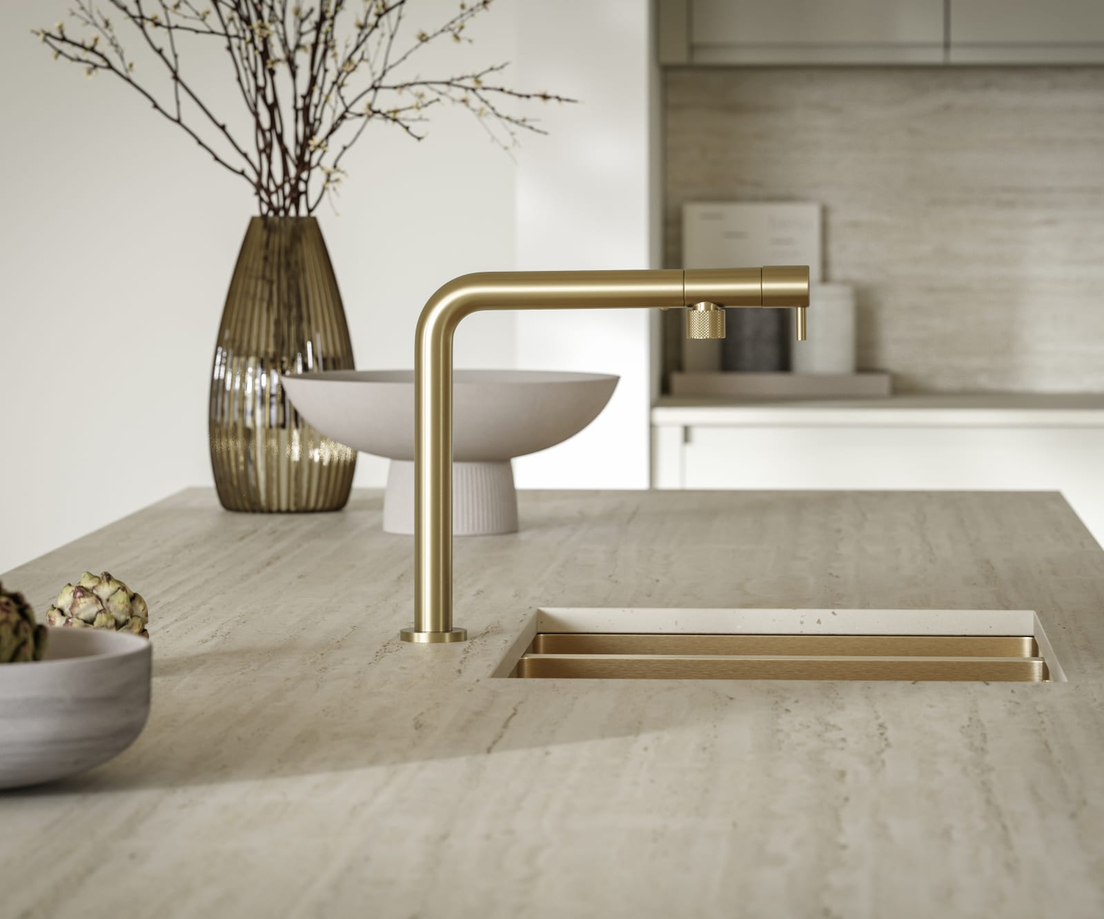 Minimalist kitchen island worktop with brass sink and tap