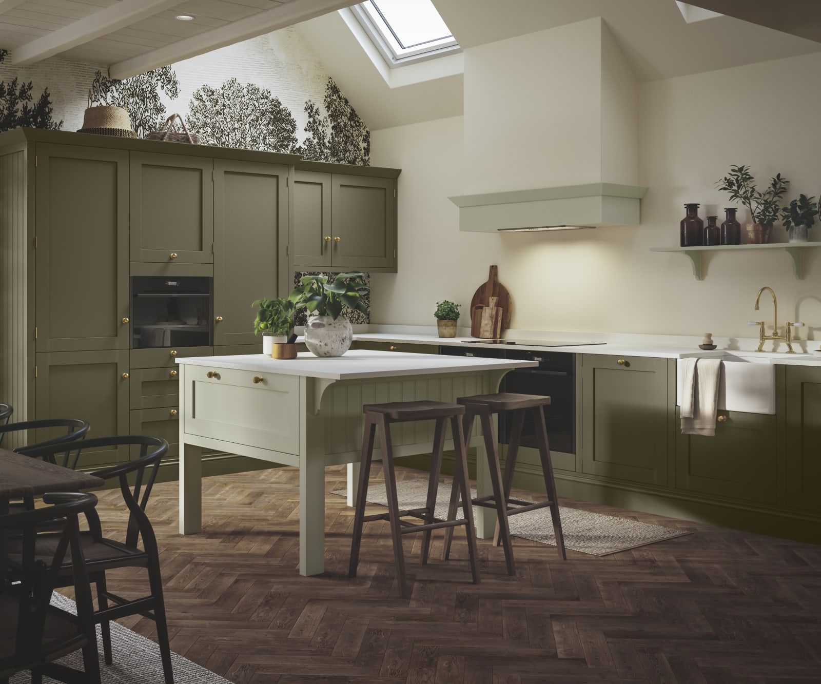 Wardley Arboretum cabinets paired with brass handles and kitchen tap makes an an elegant, contemporary Shaker kitchen, with a lighter shade kitchen island.