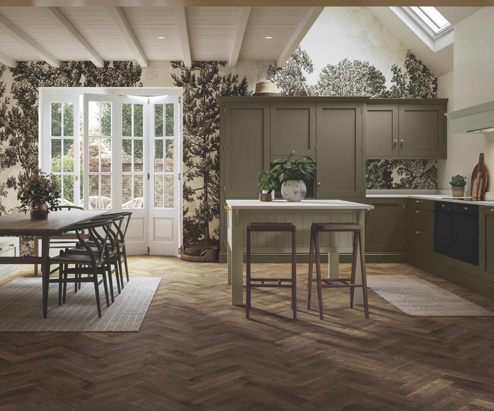 Open plan kitchen with Wardley Arboretum cabinets, an elegant, contemporary Shaker kitchen.