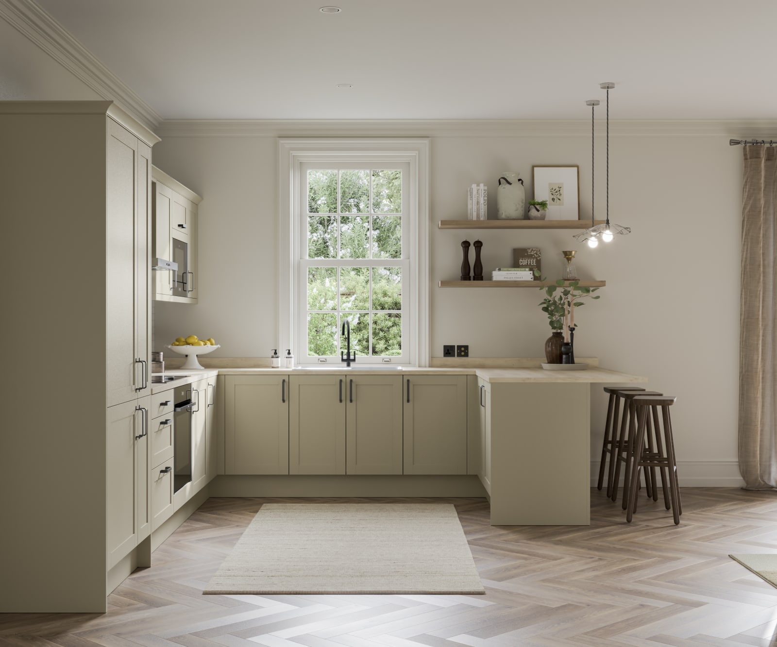 Tatton Sage kitchen from Magnet, a contemporary narrow frame shaker door.