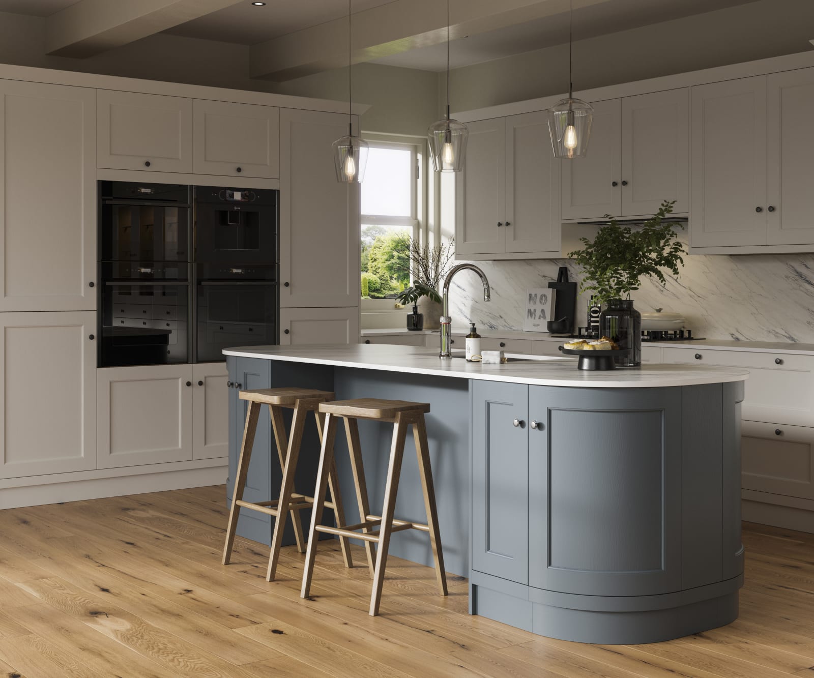 Traditional Shaker-style kitchen range featuring panelled doors with visible woodgrain and beading detail