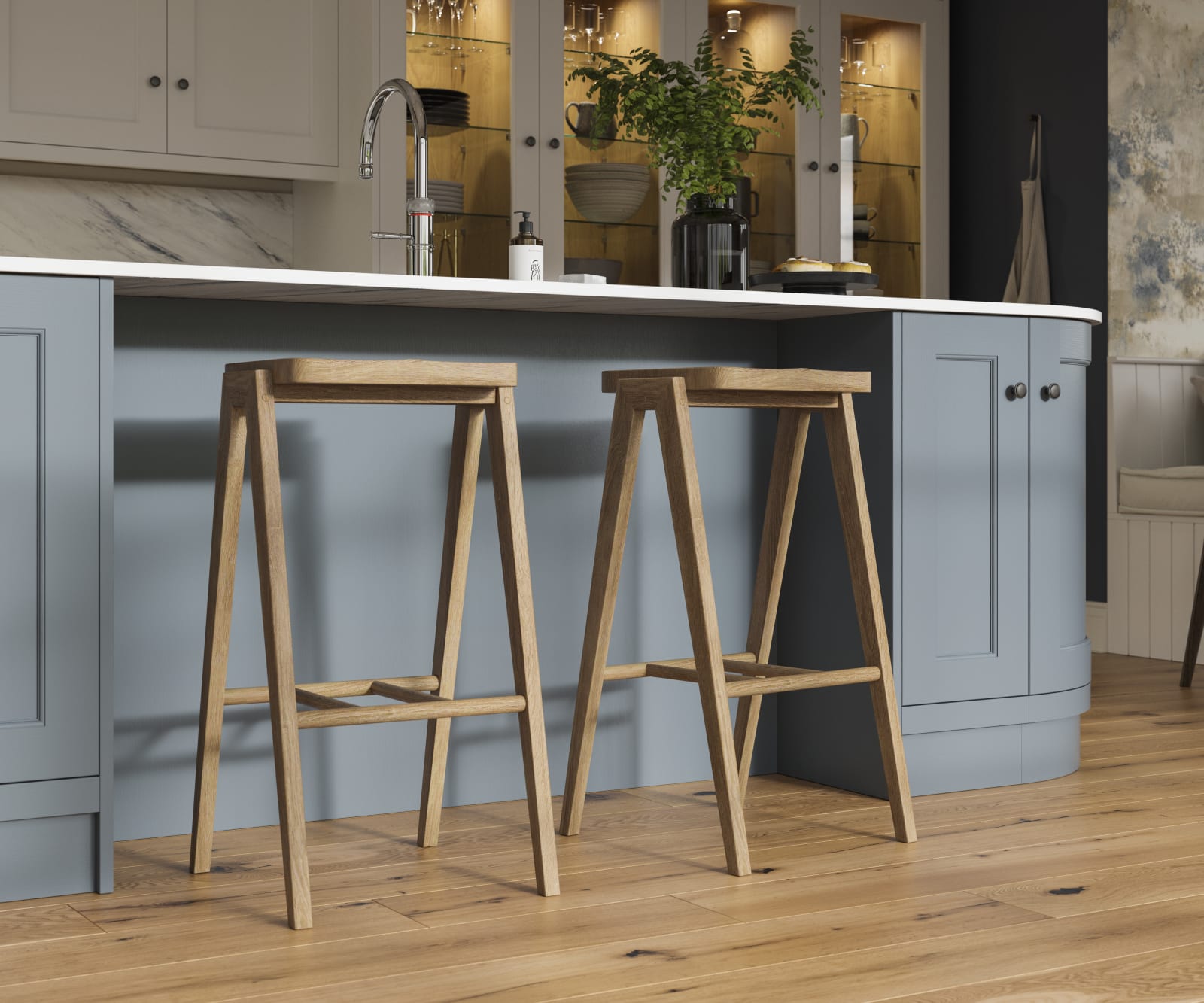 Traditional Shaker-style kitchen range featuring panelled doors with visible woodgrain and beading detail