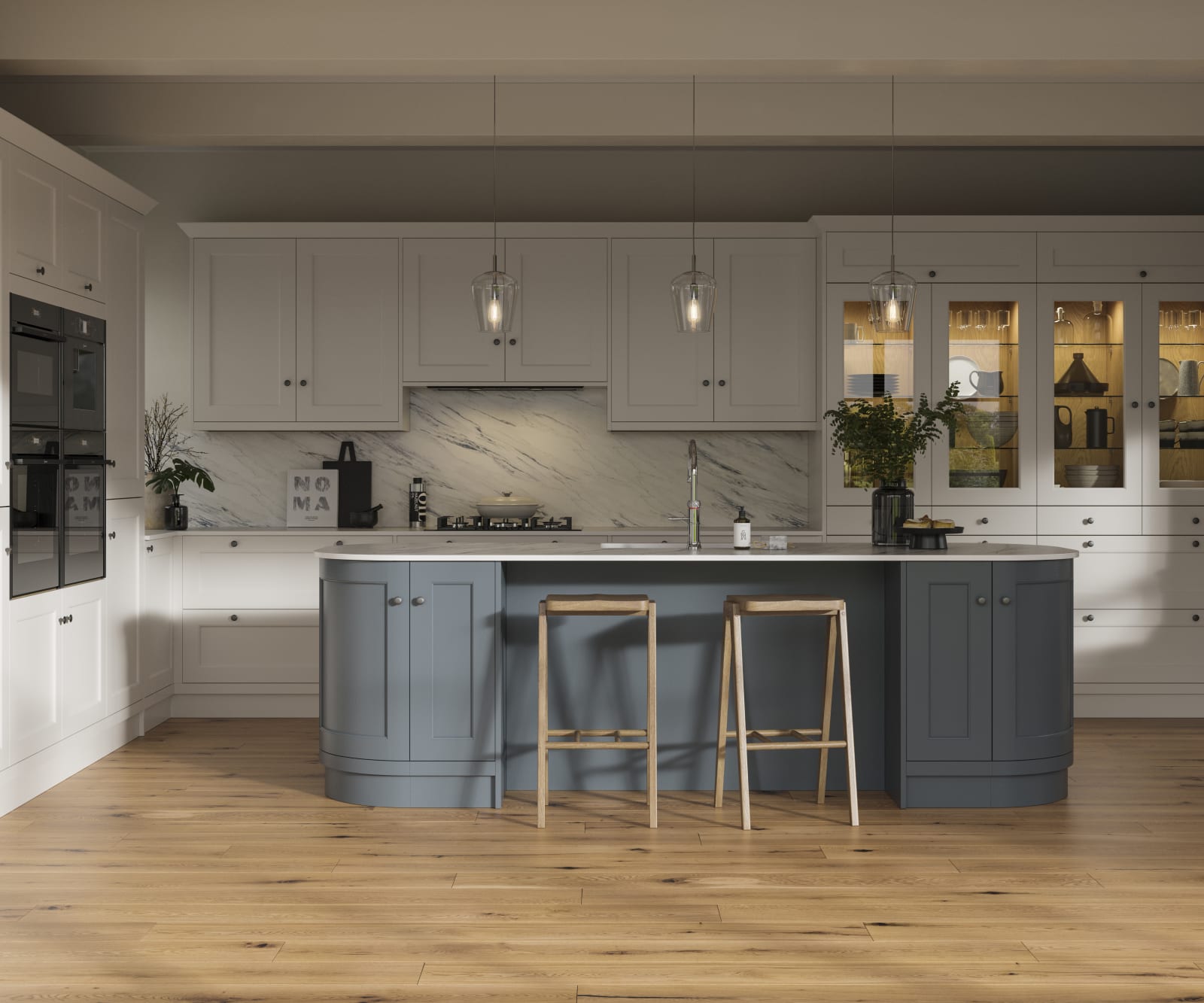 Traditional Shaker-style kitchen range featuring panelled doors with visible woodgrain and beading detail