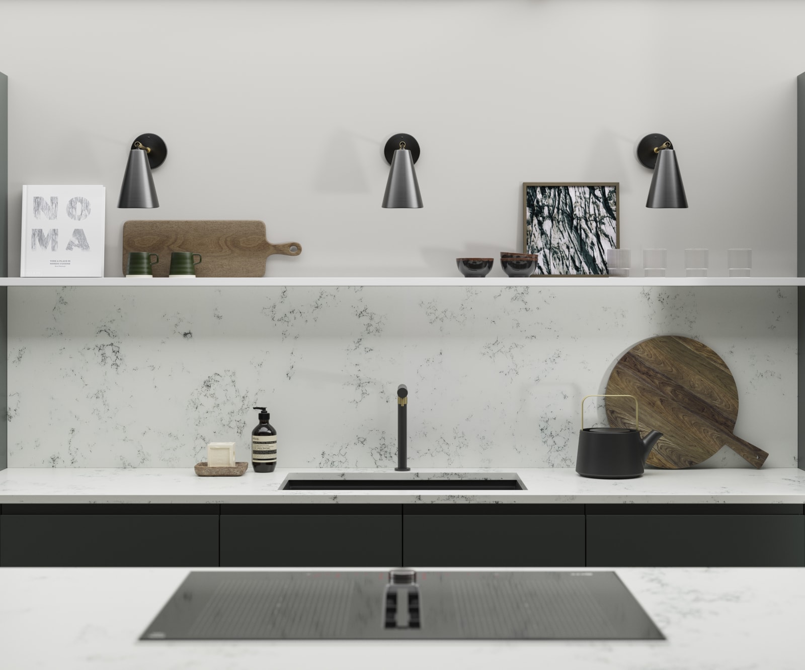 A Duxbury kitchen sink set up featuring marble-effect worktops and backsplash, black sink and tap and open shelving with wall lights and accessories.