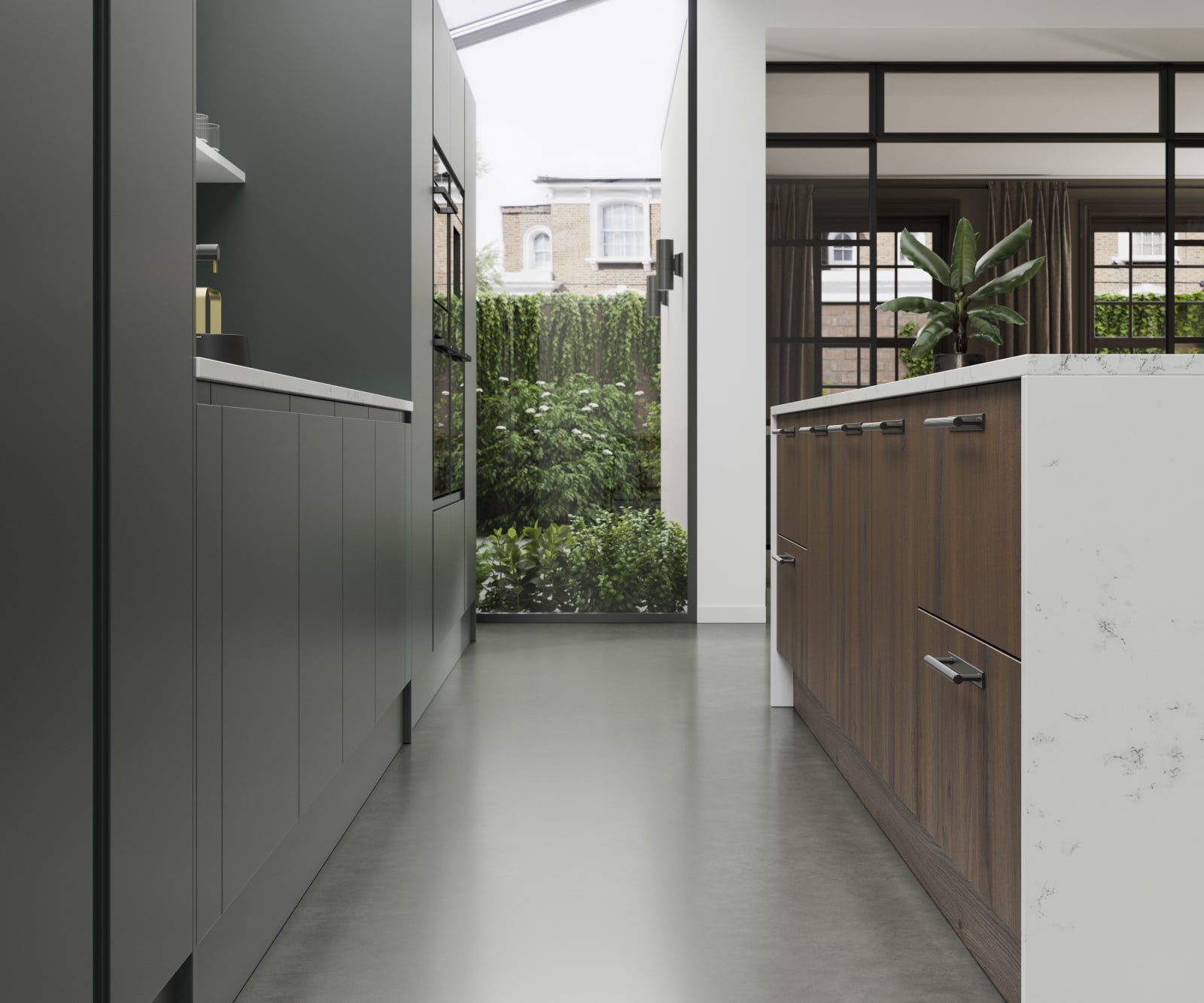 Magnet's Duxbury kitchen range in dark green, seen with the modern Portobello range in Umbra.