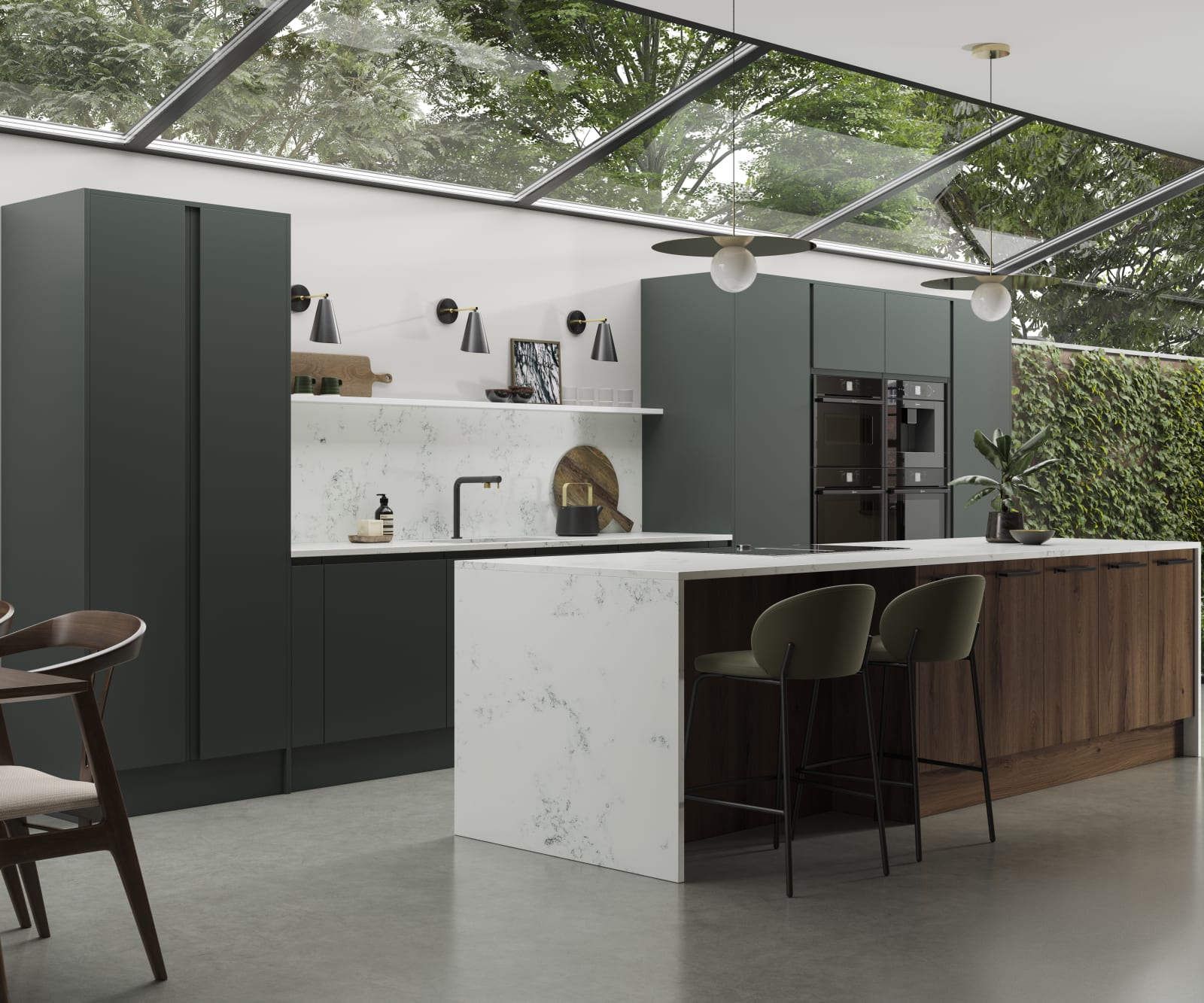 An open plan Magnet kitchen, showcasing our modern Duxbury range in Arboretum.