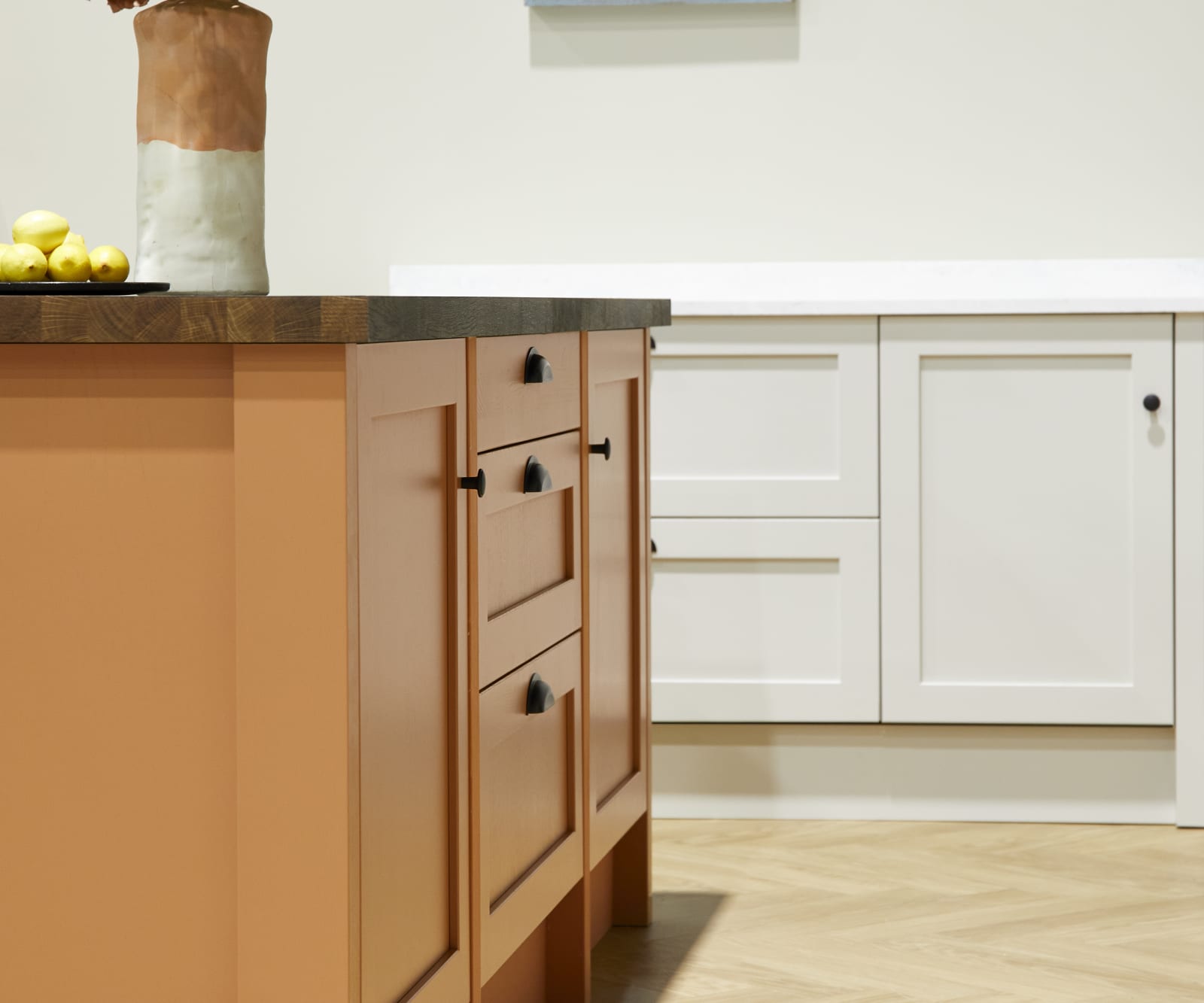 Side view of kitchen island in Nutmeg shade in the shaker kitchen Wardley