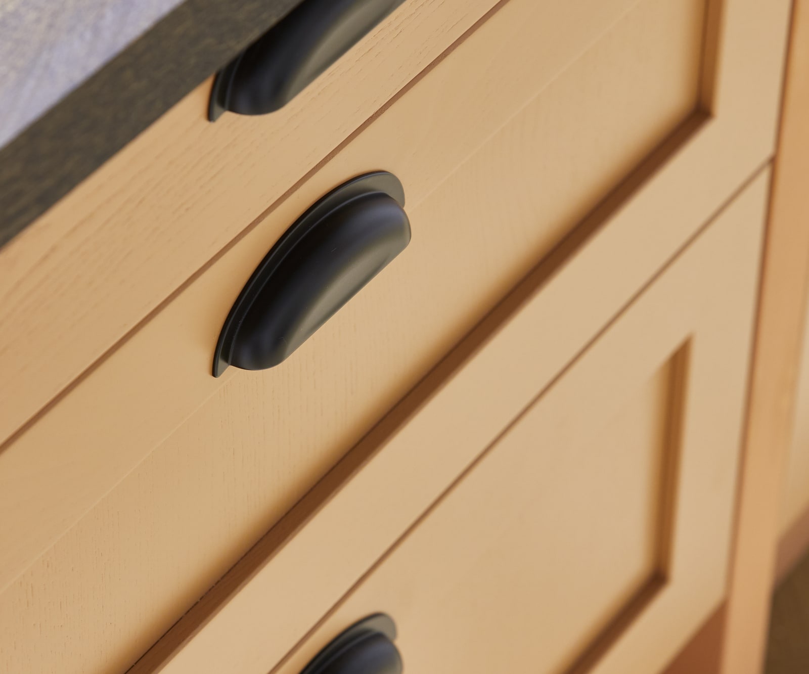 Close-up of cabinetry in Nutmeg shade in the shaker kitchen Wardley