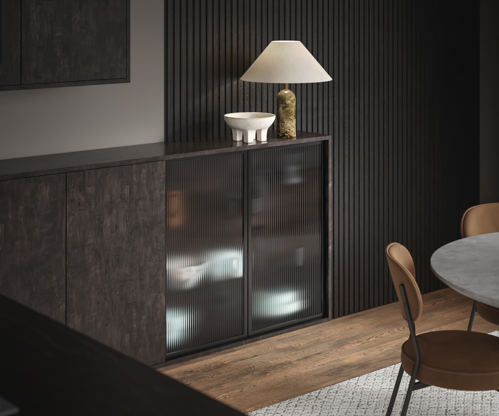 Contemporary clean lines and organic woodgrain texture combined with display cabinets with fluted glass doors.