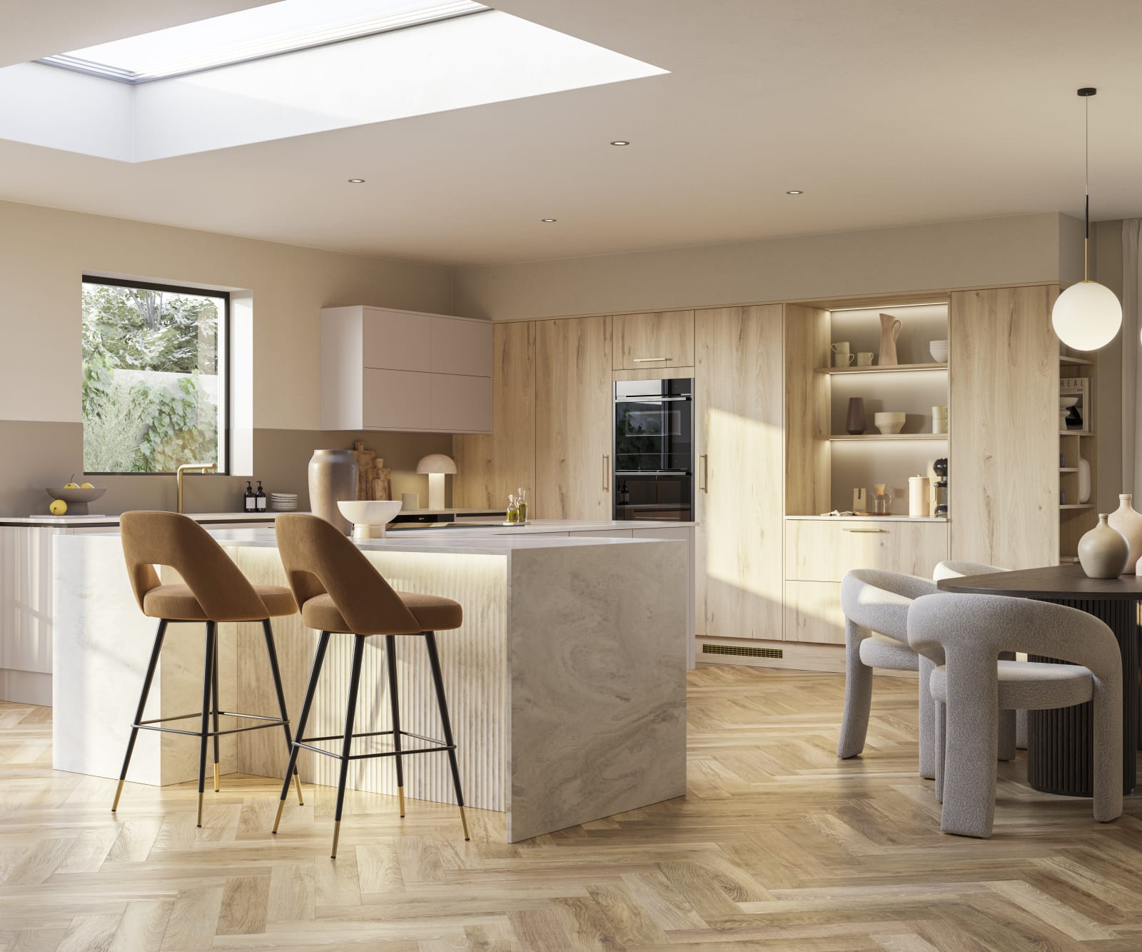 Modern Portobello Bosco kitchen with grey and brown designer chairs and Integra Soho Shell cabinetry.