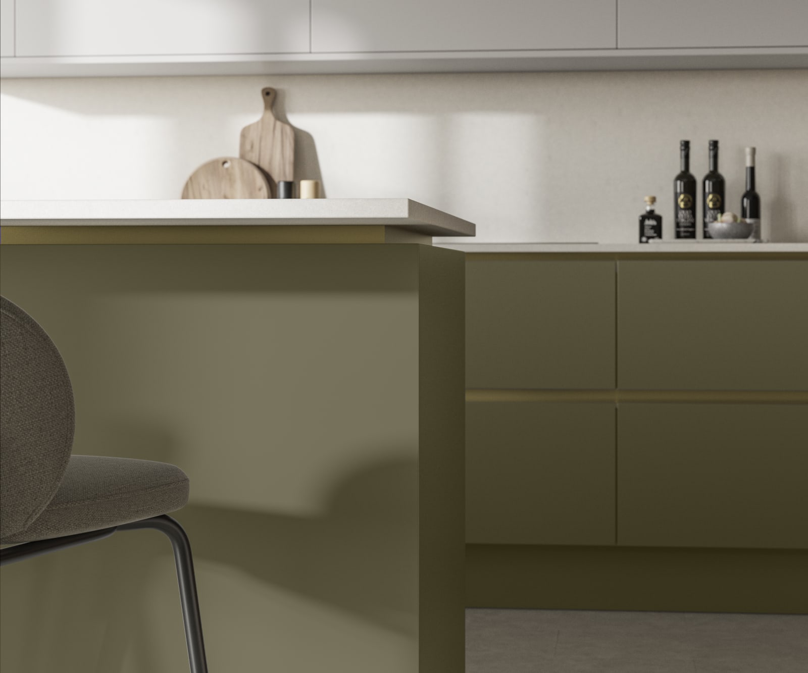 Modern and minimalist Integra Soho Balmoral kitchen, a frameless slab door with integrated handles in a smooth paint finish.