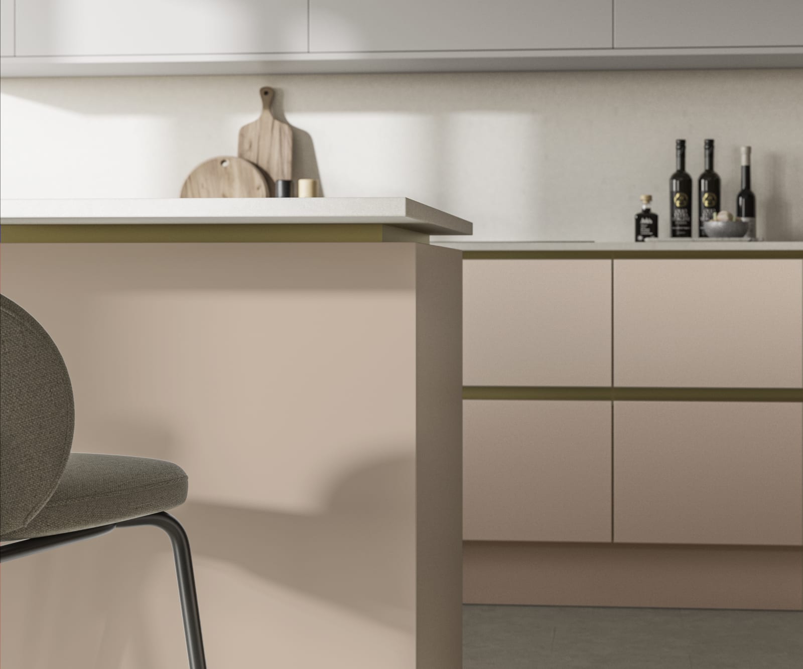 Modern and minimalist Integra Soho Chalk Blush kitchen, a frameless slab door with integrated handles in a smooth paint finish.