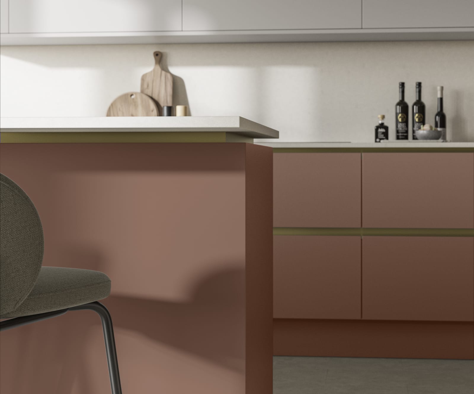 Modern and minimalist Integra Soho Clay kitchen, a frameless slab door with integrated handles in a smooth paint finish.