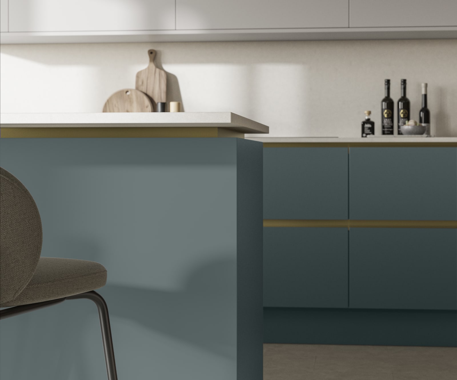 Modern and minimalist Integra Soho Coastland kitchen, a frameless slab door with integrated handles in a smooth paint finish.