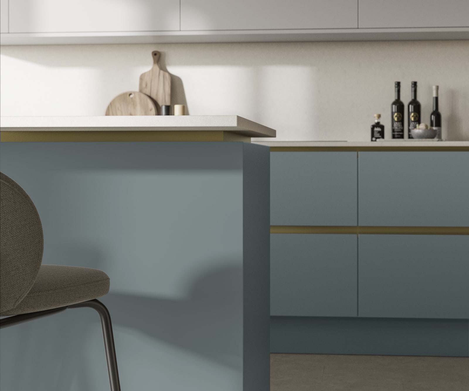 Modern and minimalist Integra Soho Duck Egg kitchen, a frameless slab door with integrated handles in a smooth paint finish.