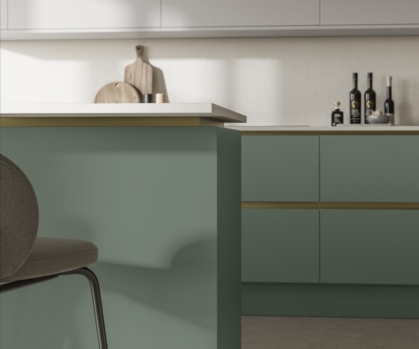 Modern and minimalist Integra Soho Eucalyptus green kitchen, a frameless slab door with integrated handles in a smooth paint finish.