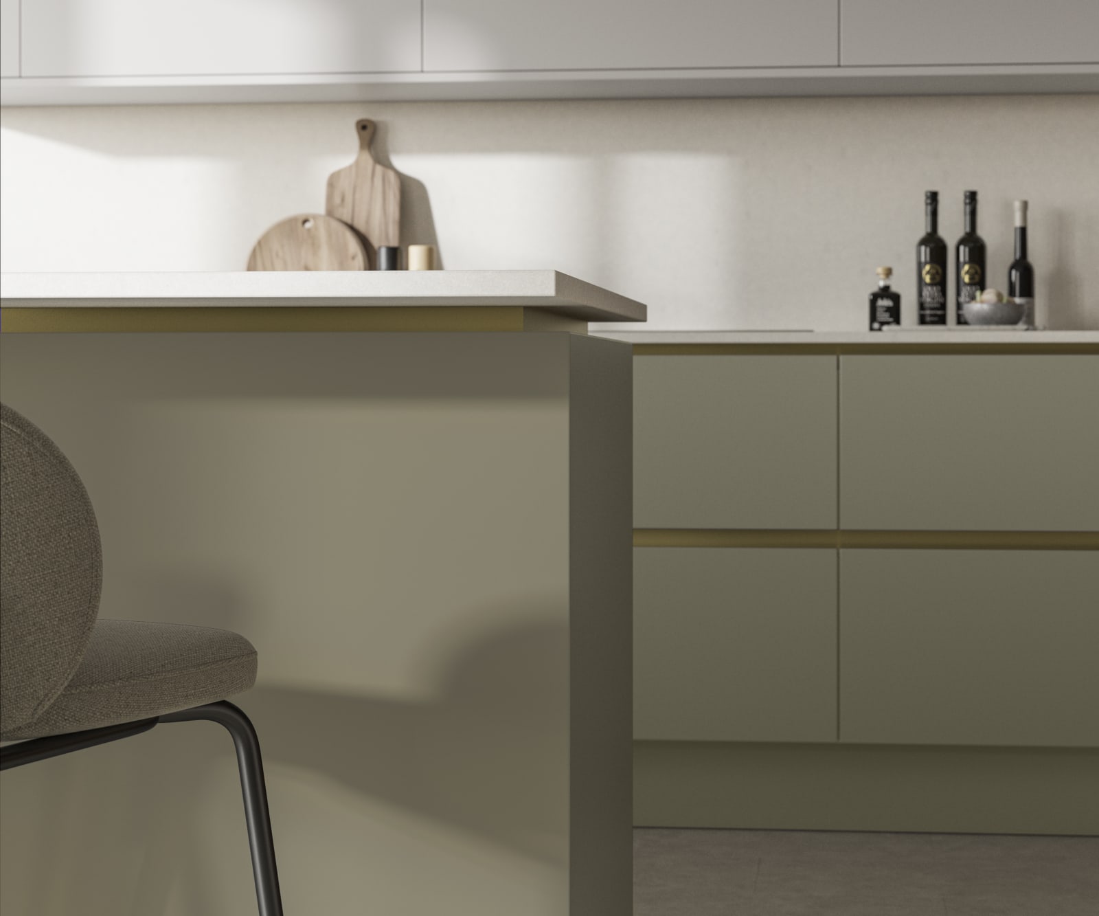 Modern and minimalist Integra Soho French Clay kitchen, a frameless slab door with integrated handles in a smooth paint finish.