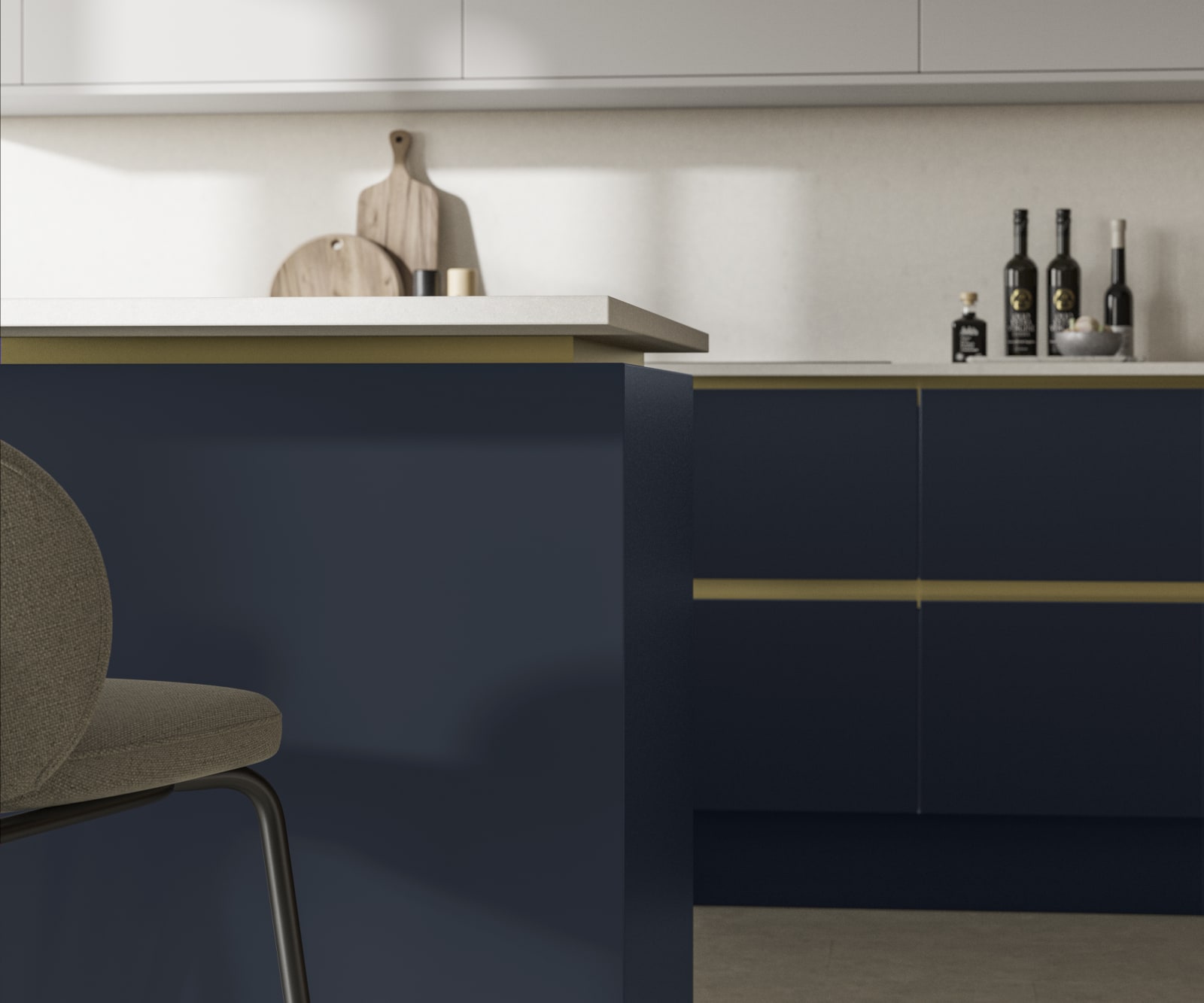 Modern and minimalist Integra Soho Midnight kitchen, a frameless slab door with integrated handles in a smooth paint finish.