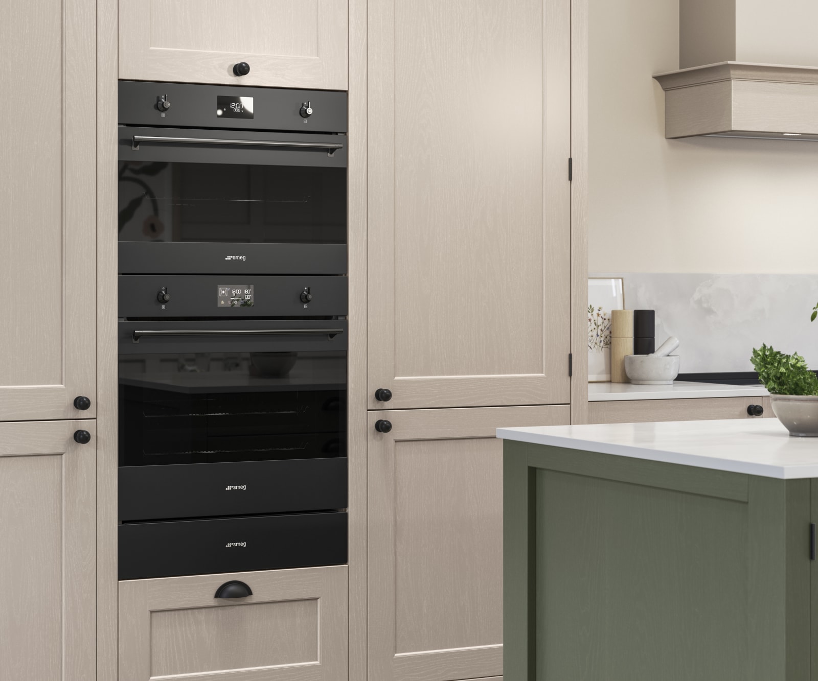 Traditional Shaker-style kitchen range Ludlow with tactile woodgrain in neutral shade Shell with a green Thyme kitchen island.