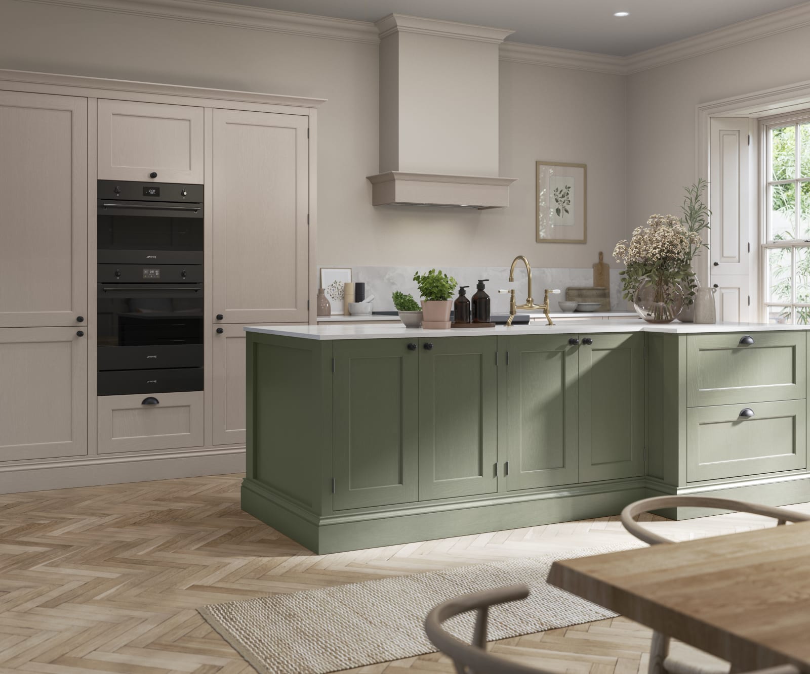 Traditional Shaker-style kitchen range Ludlow with tactile woodgrain in neutral shade Shell with a green Thyme kitchen island.