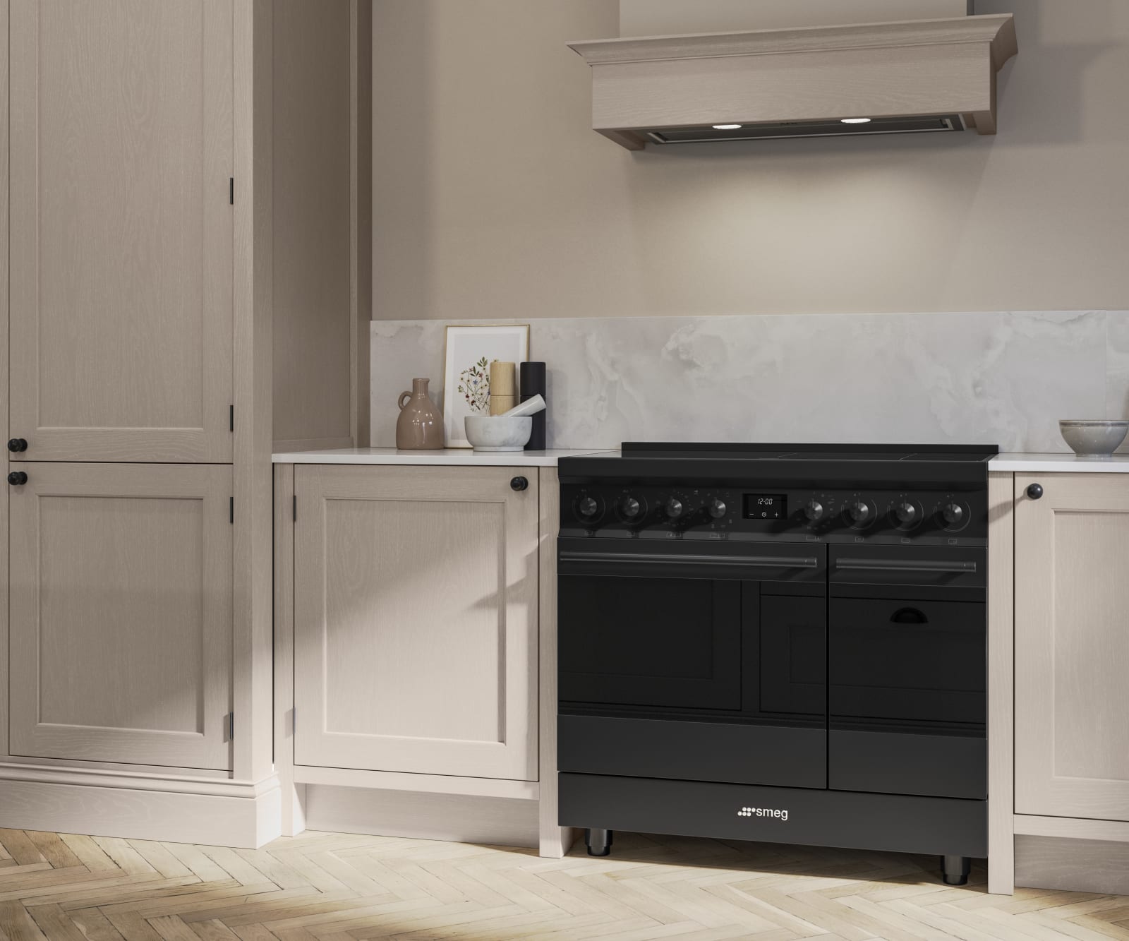 Traditional Shaker-style kitchen range Ludlow with tactile woodgrain in neutral shade Shell .