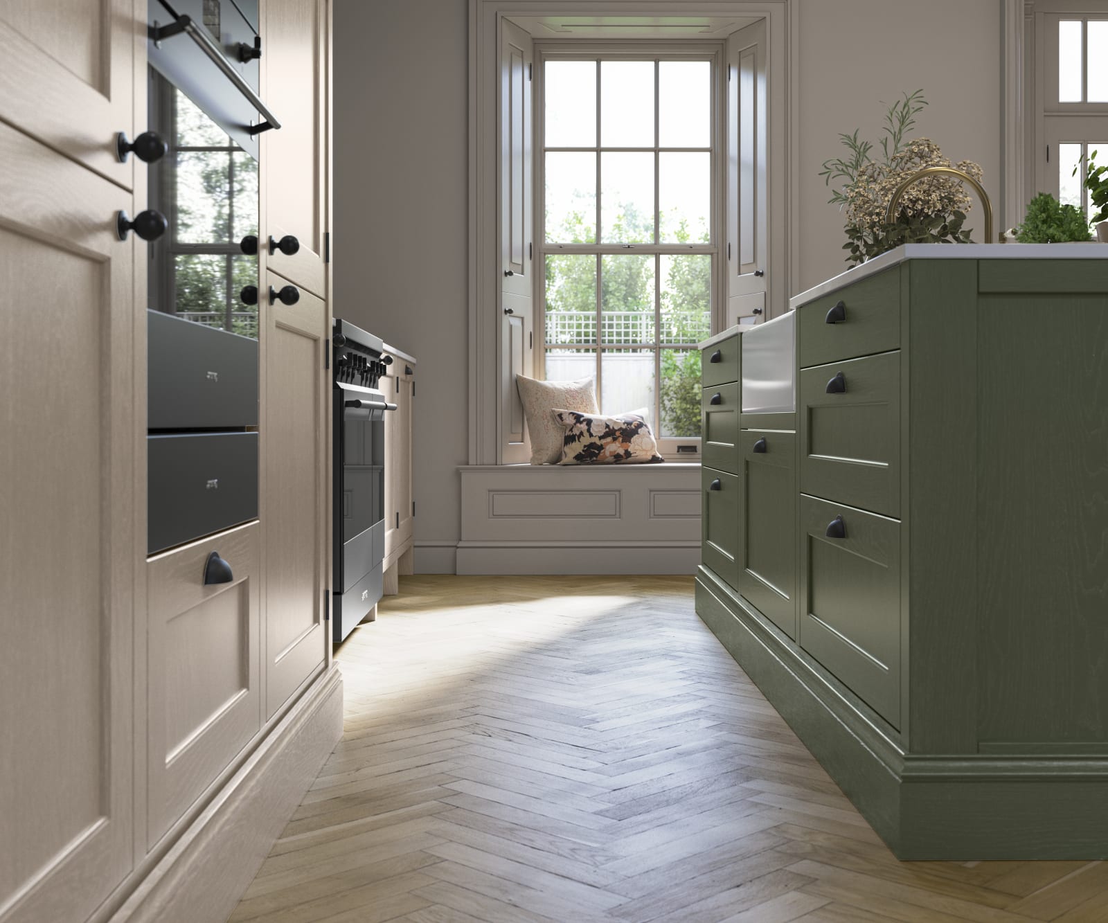 Traditional Shaker-style kitchen range Ludlow with tactile woodgrain in neutral shade Shell with a green Thyme kitchen island.