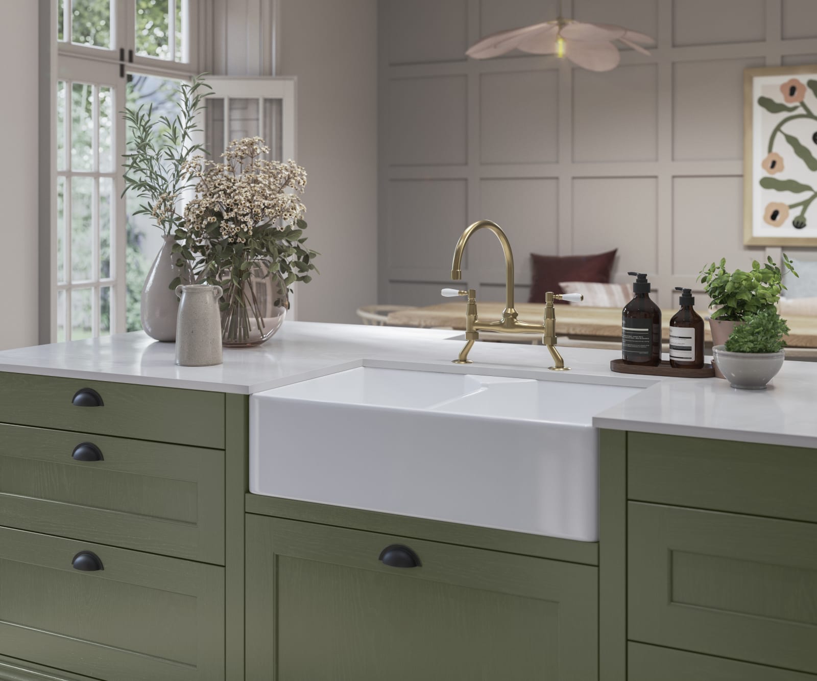 Traditional Shaker-style kitchen range Ludlow with tactile woodgrain, green Thyme kitchen island.