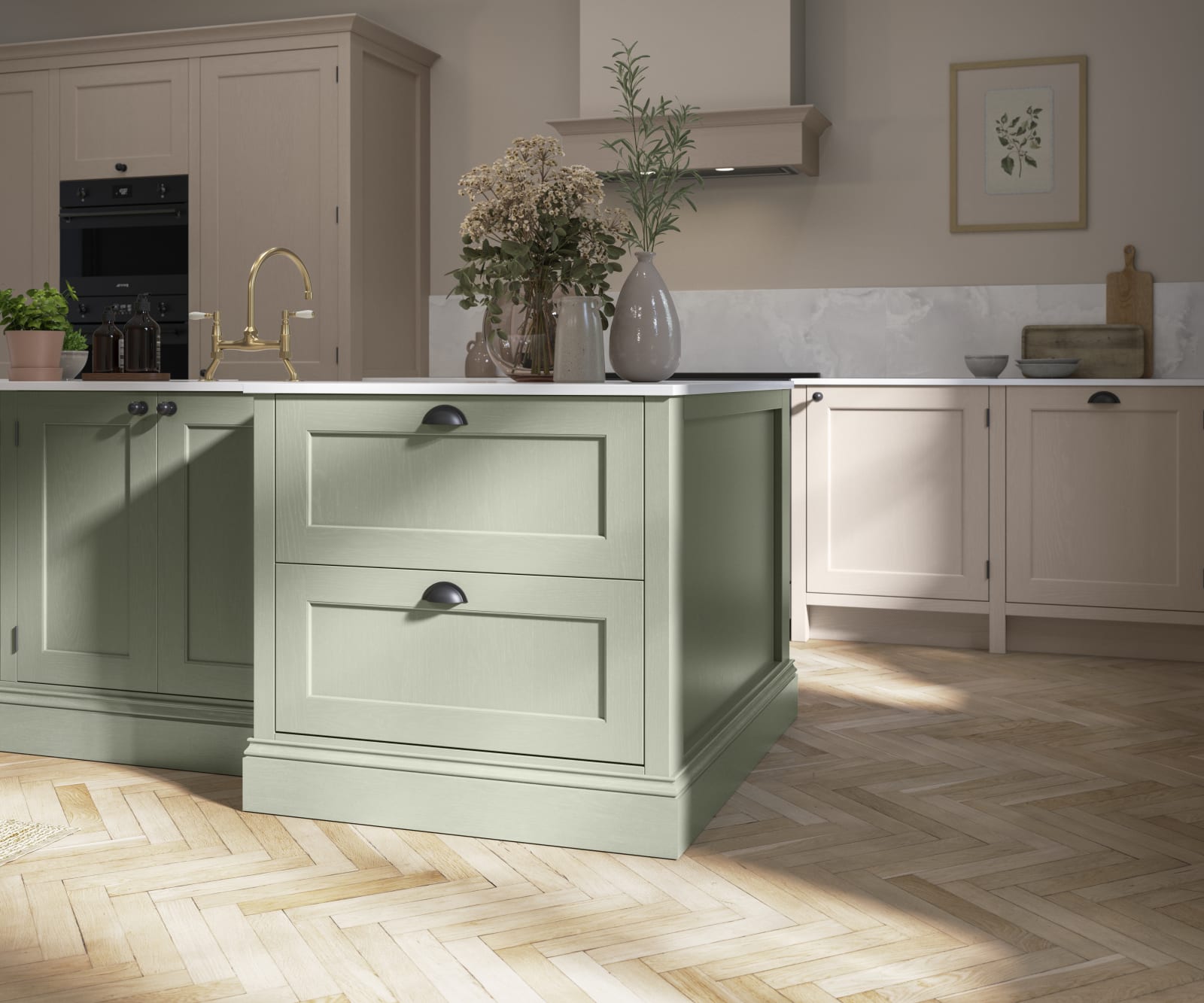 Traditional Shaker-style kitchen range Ludlow with tactile woodgrain in neutral shade Shell with a green Thyme kitchen island.