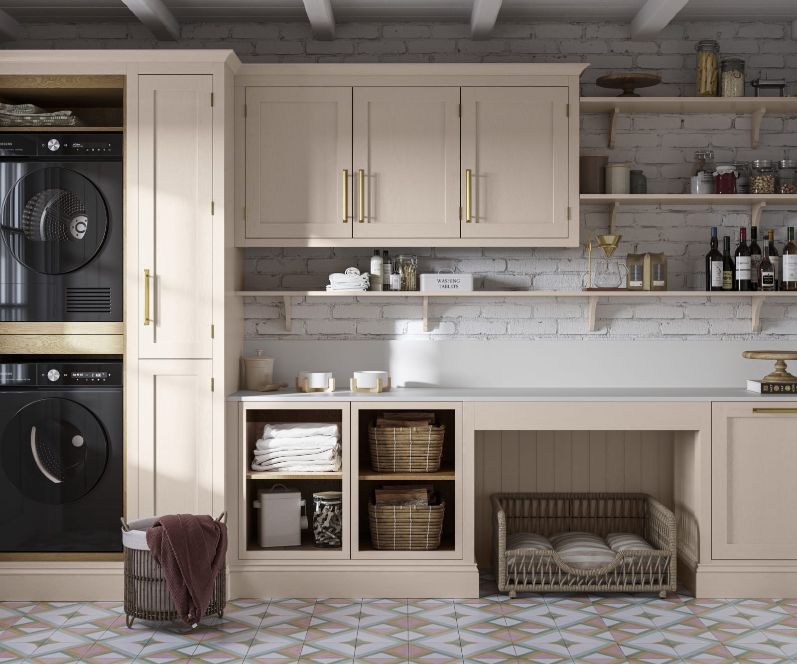 Utility room Wardley Shell cabinetry with washing machine and dryer built-in, a countertop and wall cabinets all matching, a laundry basket on the floor next to washing machine.