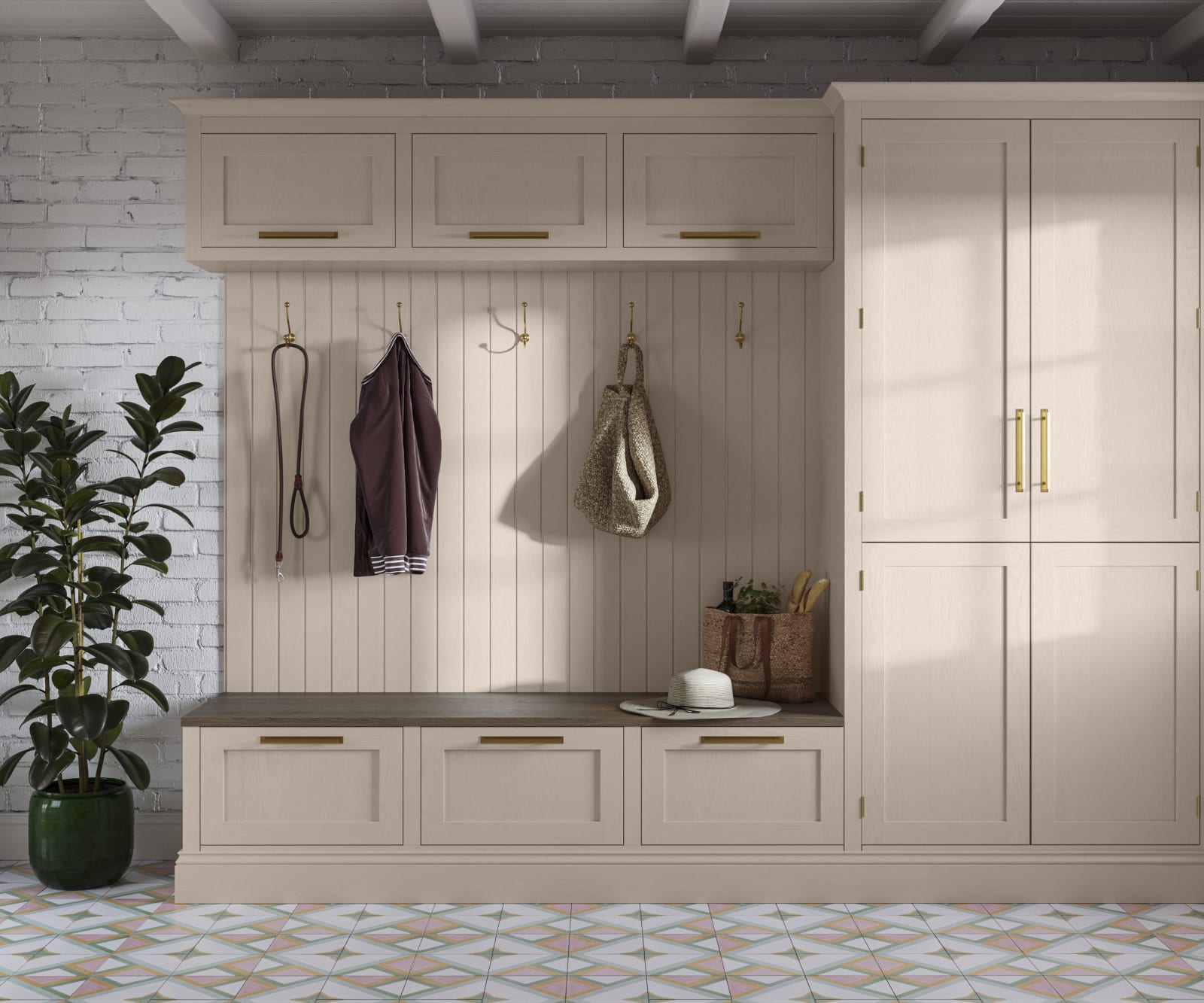 Entrance hallway with Magnet Wardley cabinetry, wall panel, top cabinets and seating bench with large drawers, all matching in the warm light beige shade Shell.