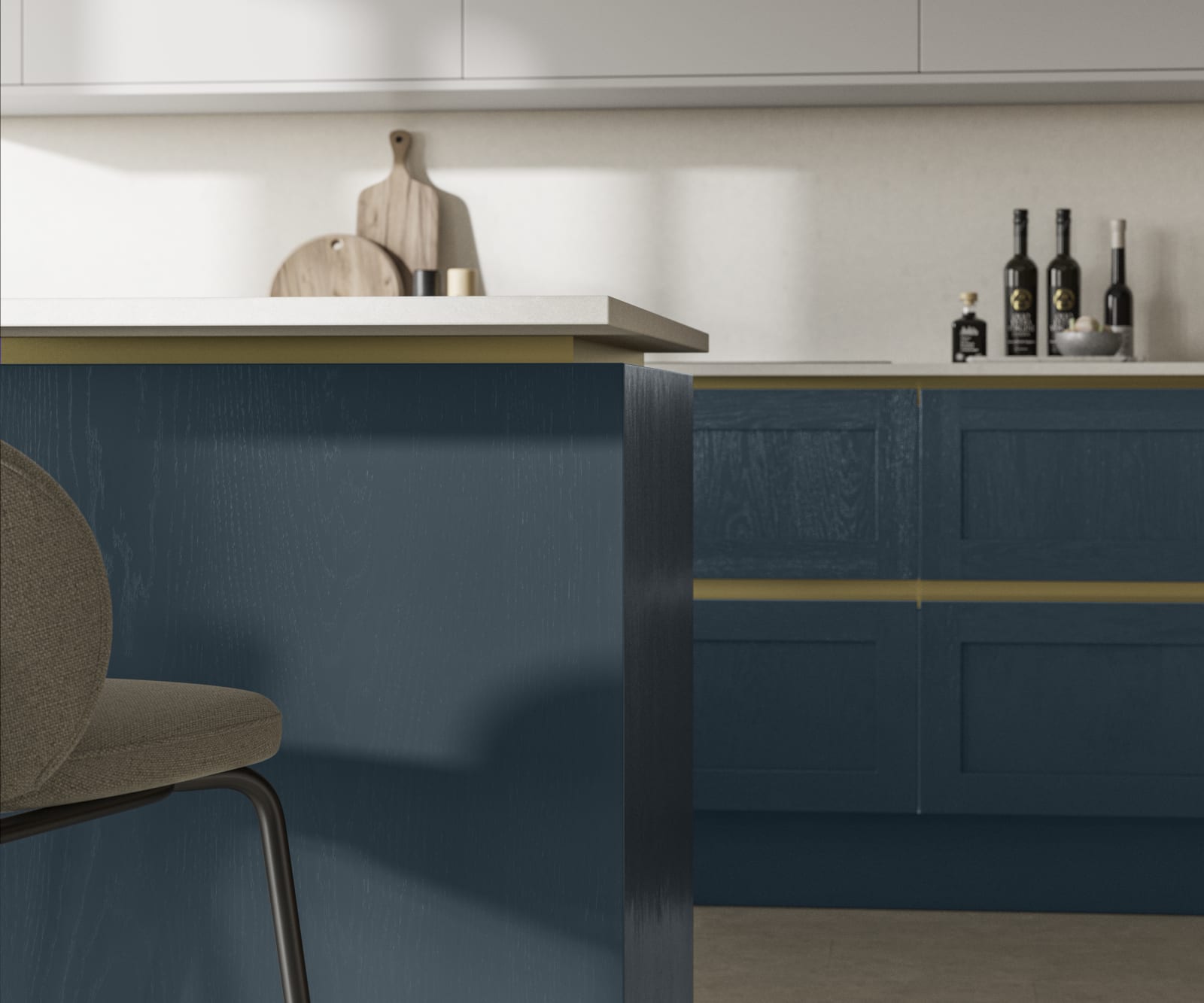 Handleless Shaker kitchen Integra Wardley Voyage Blue is traditional and contemporary with its narrow frame door with integrated handles and a painted timber finish.