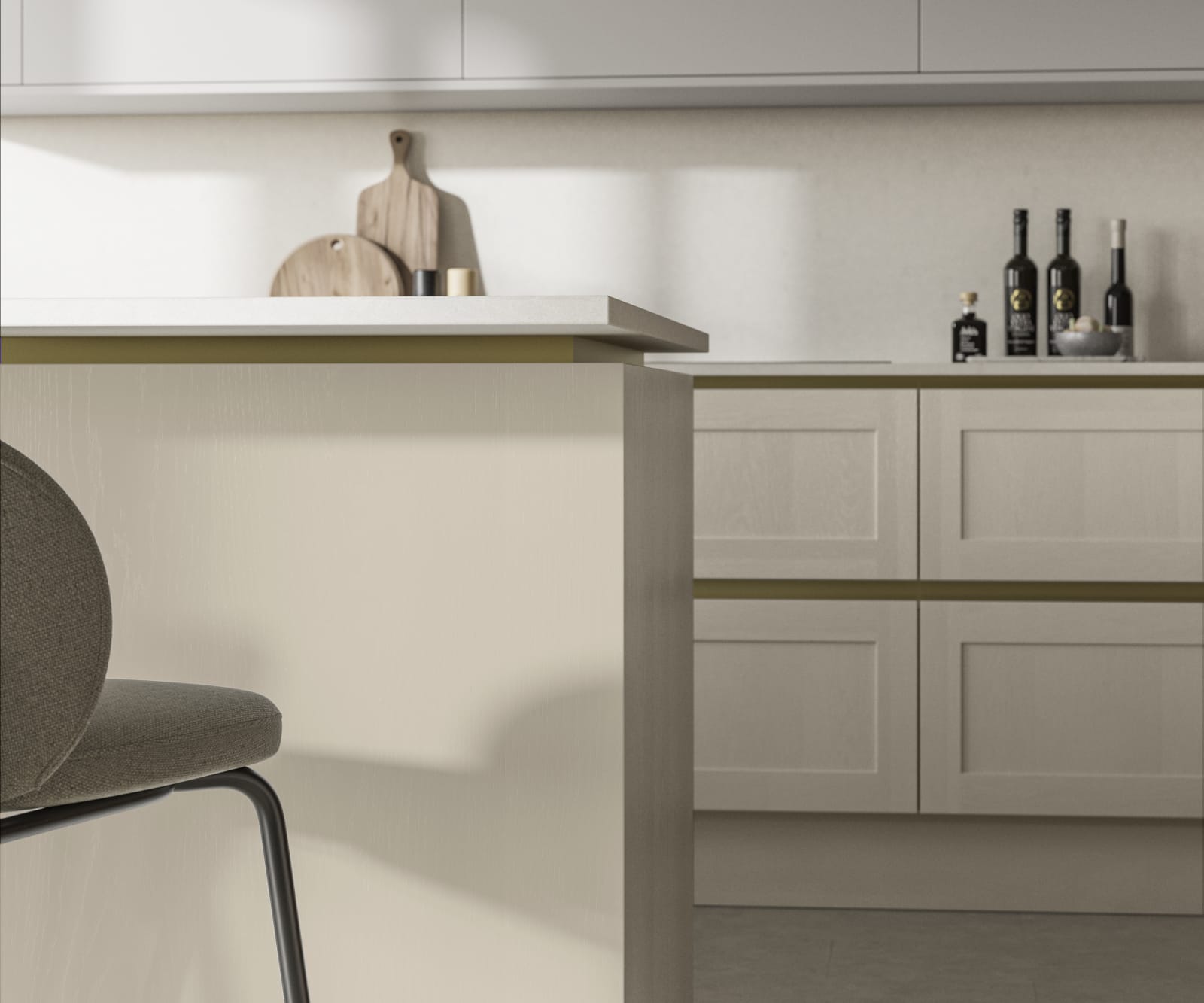 Handleless Shaker kitchen Integra Wardley Cashmere Sweater is traditional and contemporary with its narrow frame door with integrated handles and a painted timber finish.