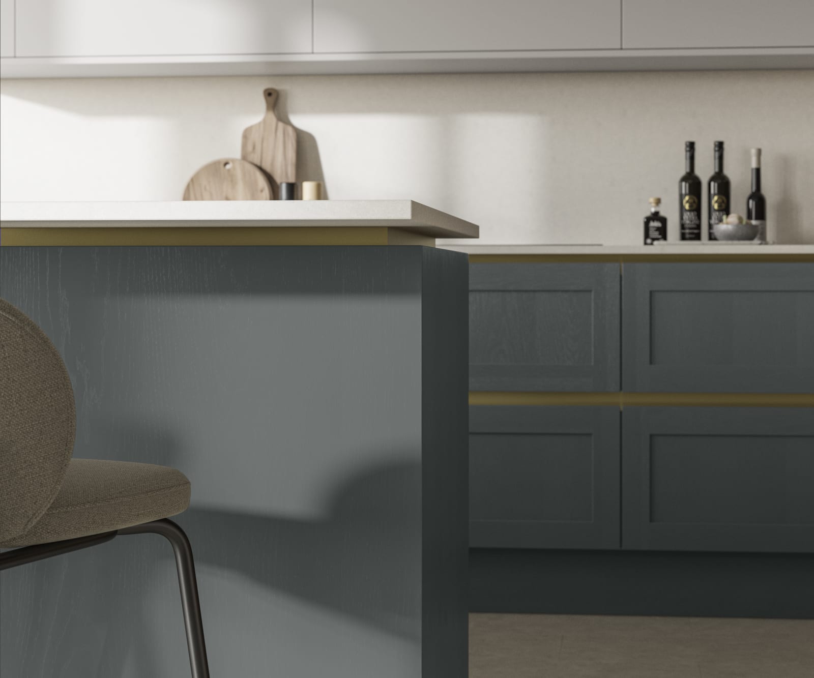 Handleless Shaker kitchen Integra Wardley Arboretum is traditional and contemporary with its narrow frame door with integrated handles and a painted timber finish.