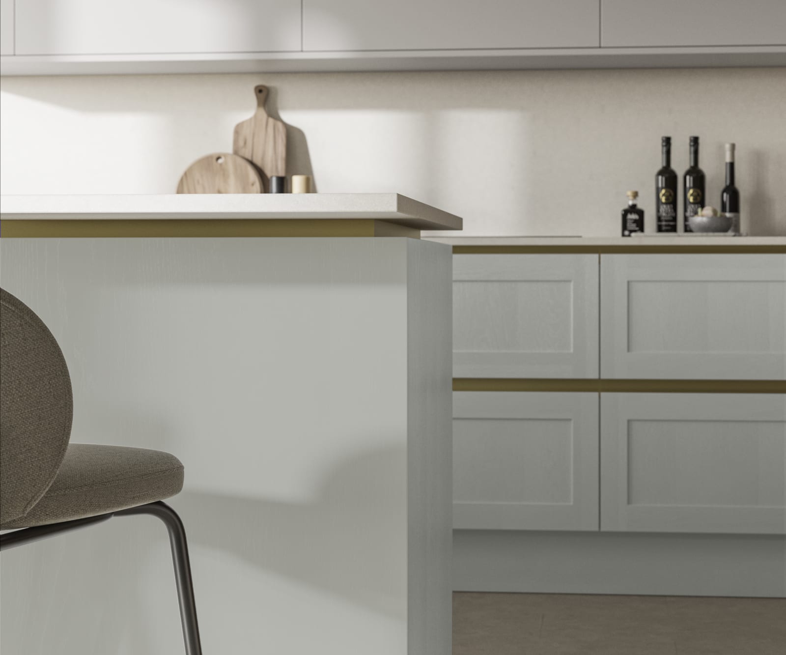 Handleless Shaker kitchen Integra Wardley Washed Cotton is traditional and contemporary with its narrow frame door with integrated handles and a painted timber finish.