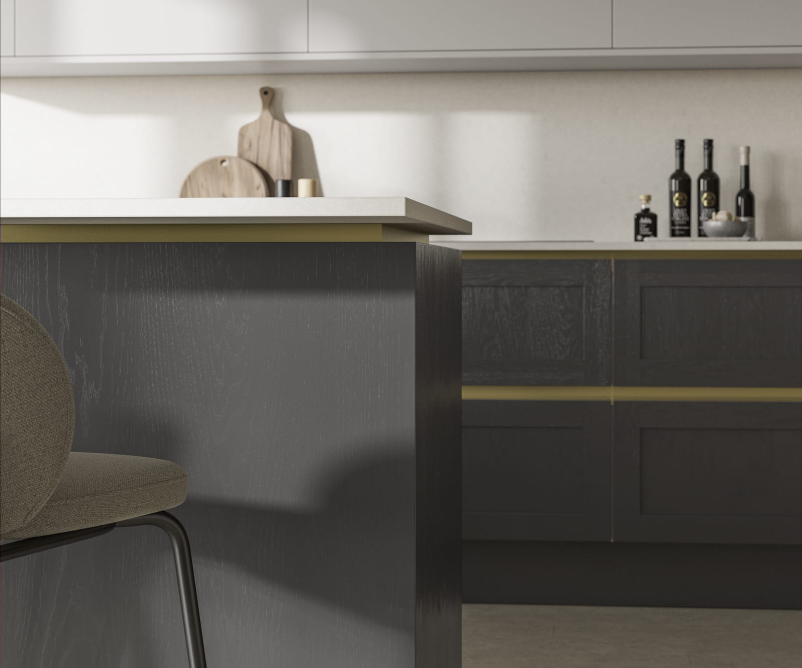 Handleless Shaker kitchen Integra Wardley Charcoal is traditional and contemporary with its narrow frame door with integrated handles and a painted timber finish.