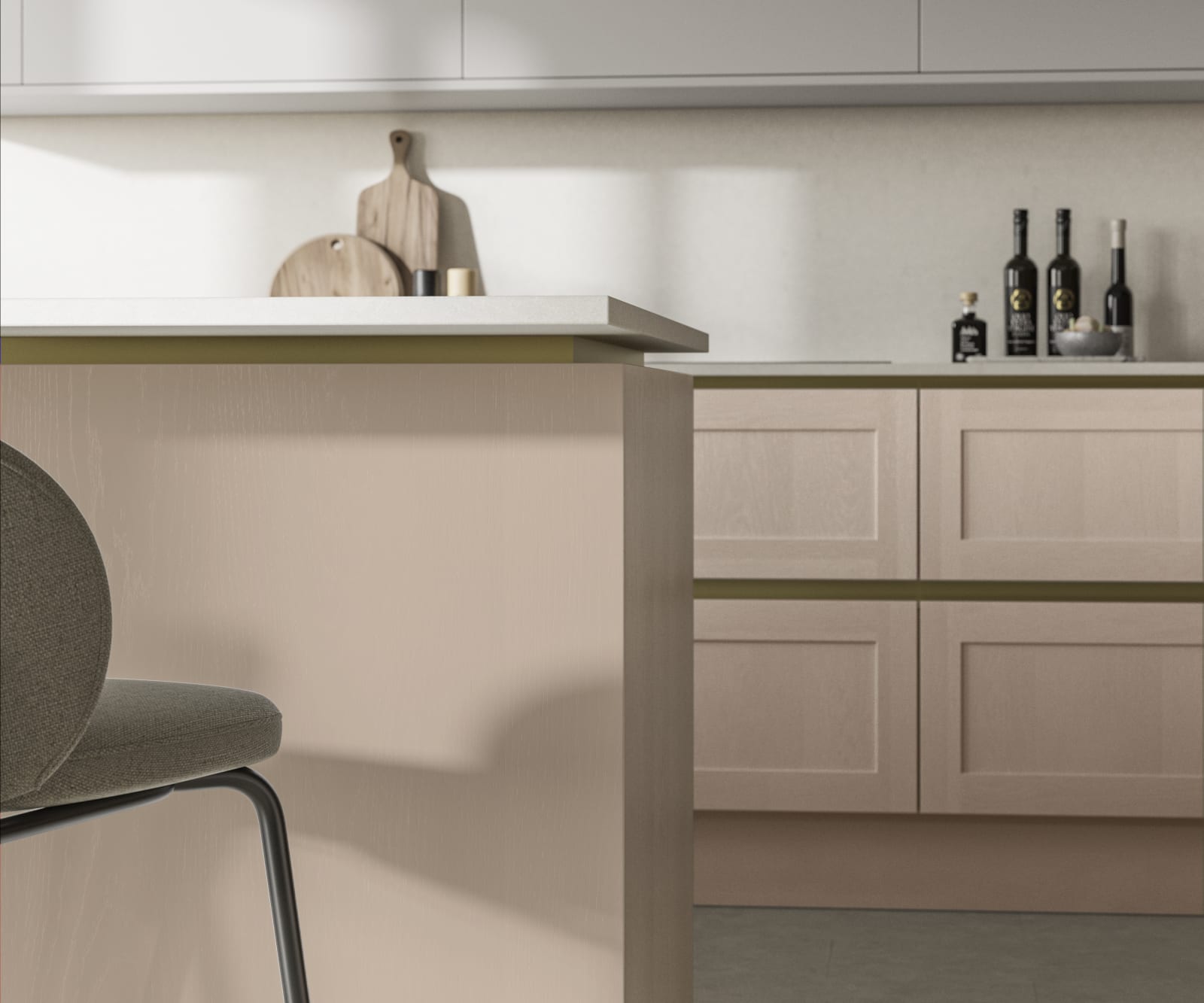 Handleless Shaker kitchen Integra Wardley Chalk Blush is traditional and contemporary with its narrow frame door with integrated handles and a painted timber finish.