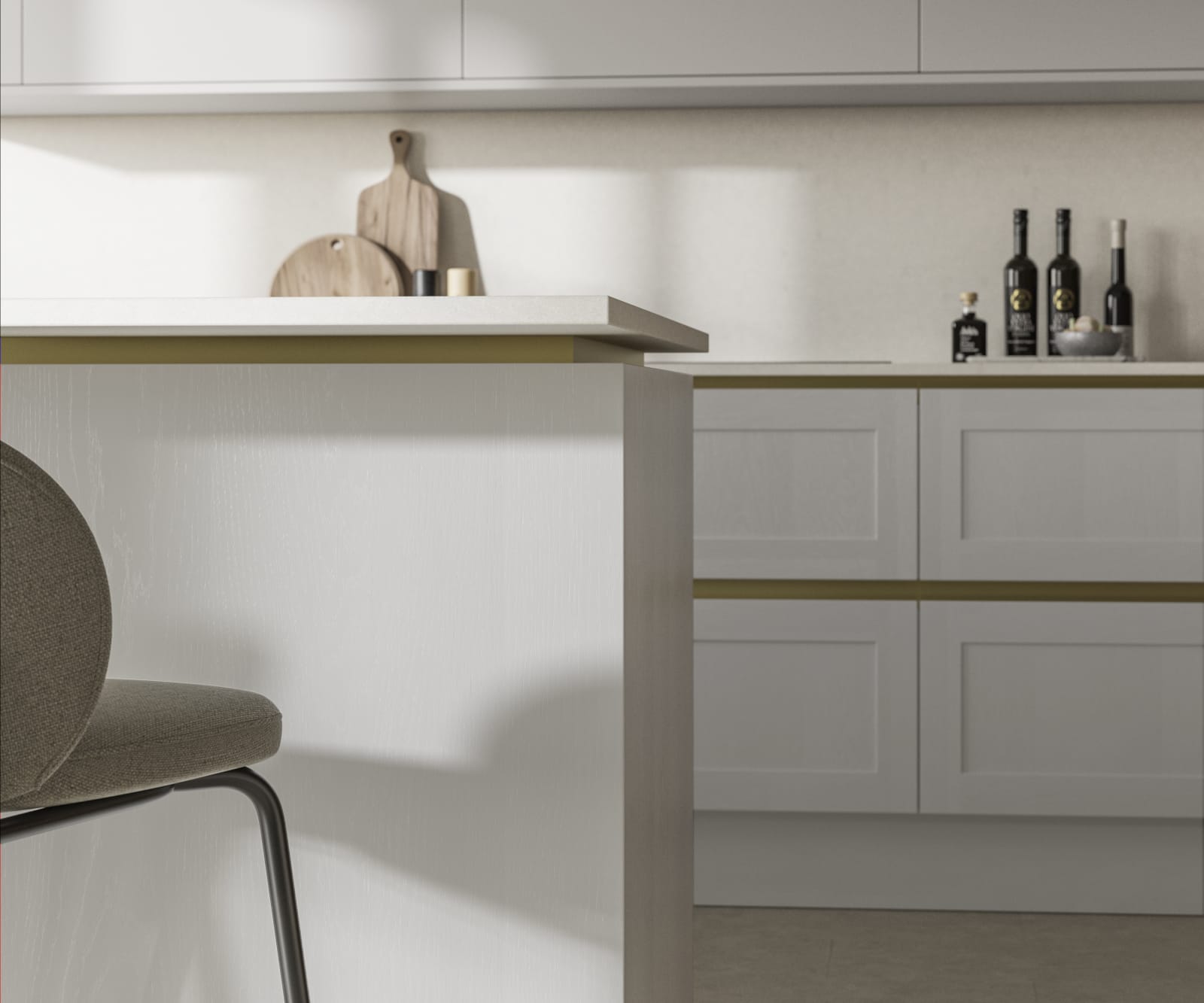 Handleless Shaker kitchen Integra Wardley Fresh Linen is traditional and contemporary with its narrow frame door with integrated handles and a painted timber finish.