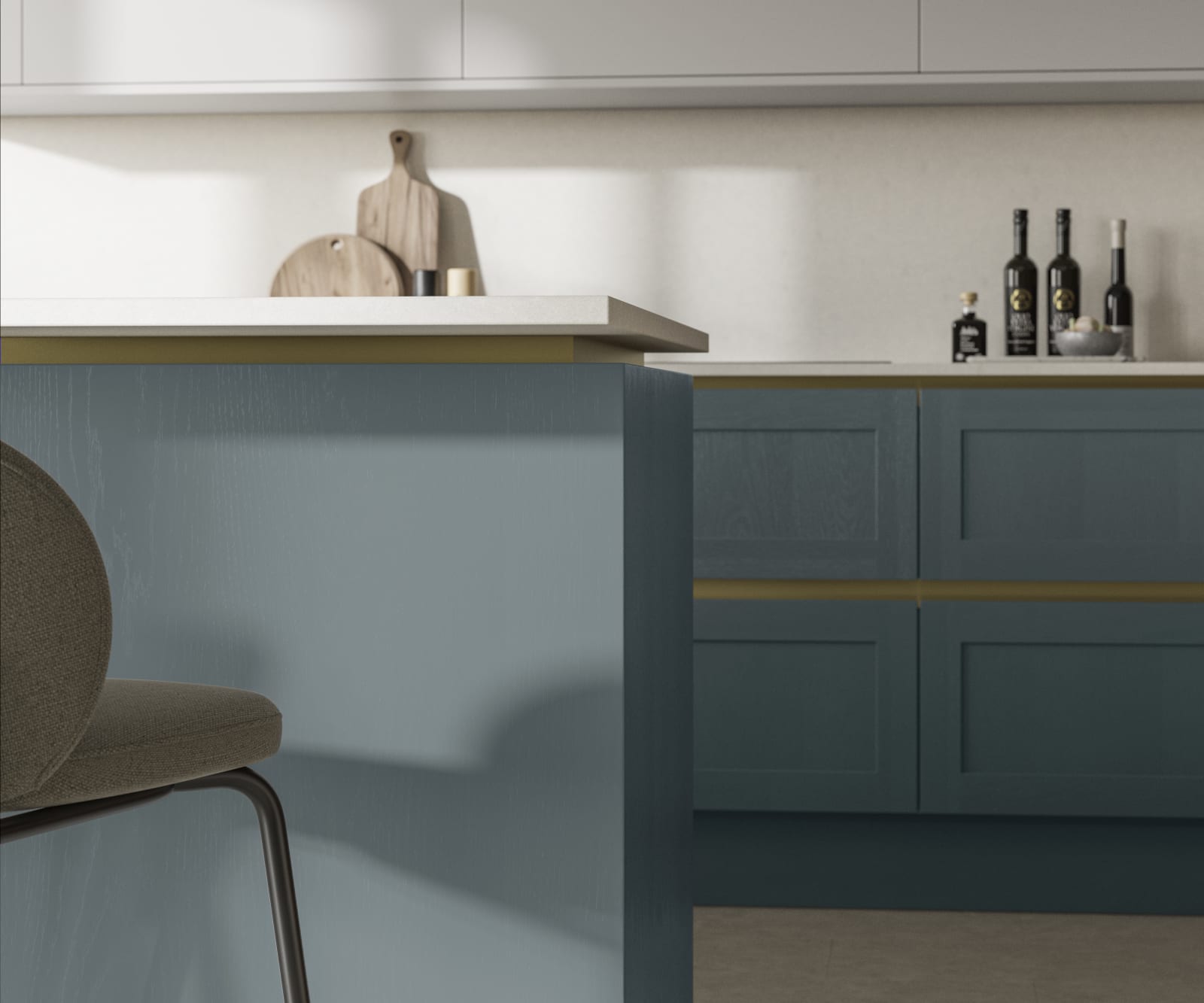 Handleless Shaker kitchen Integra Wardley Coastland is traditional and contemporary with its narrow frame door with integrated handles and a painted timber finish.