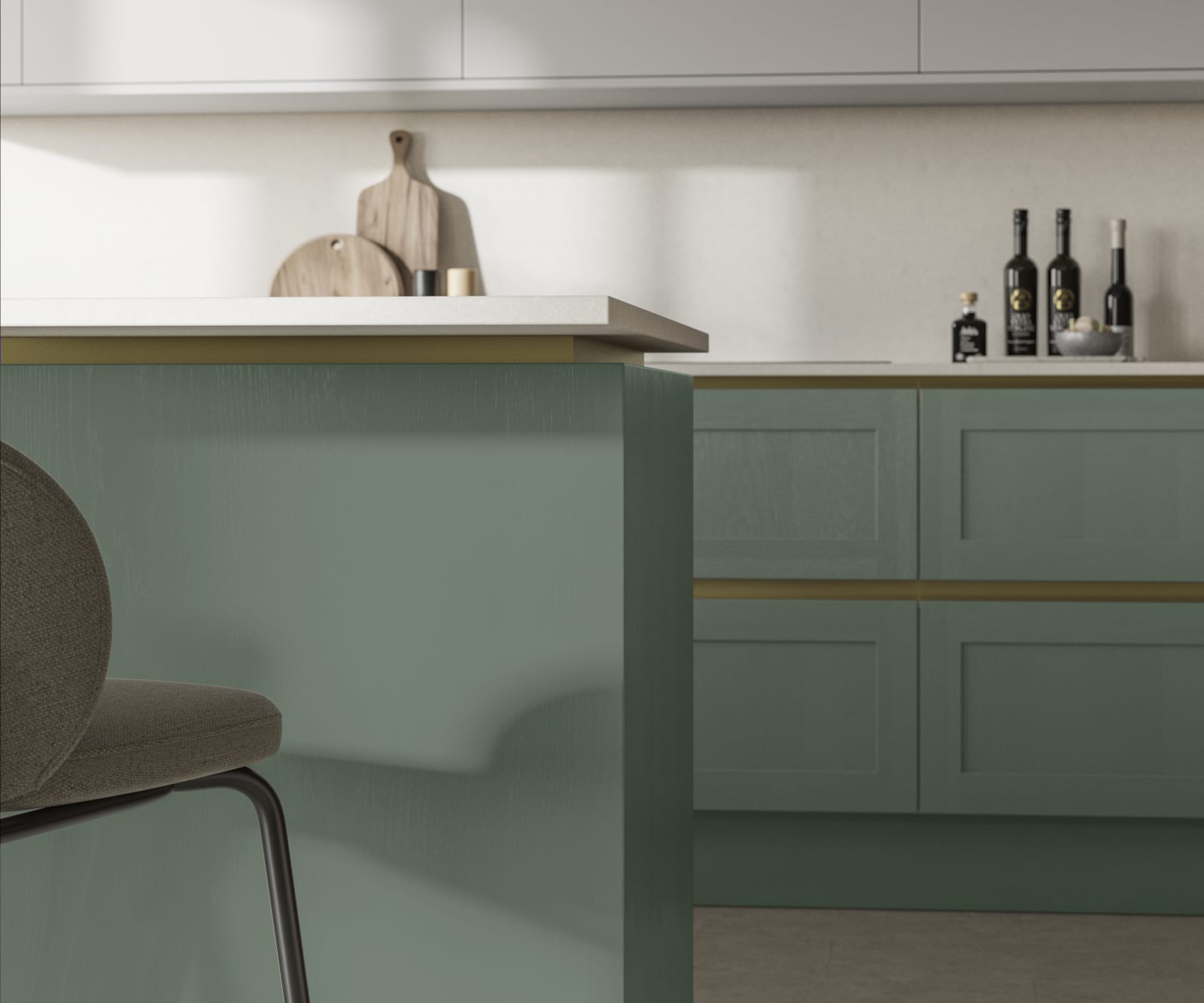 Handleless Shaker kitchen Integra Wardley Eucalyptus is traditional and contemporary with its narrow frame door with integrated handles and a painted timber finish.