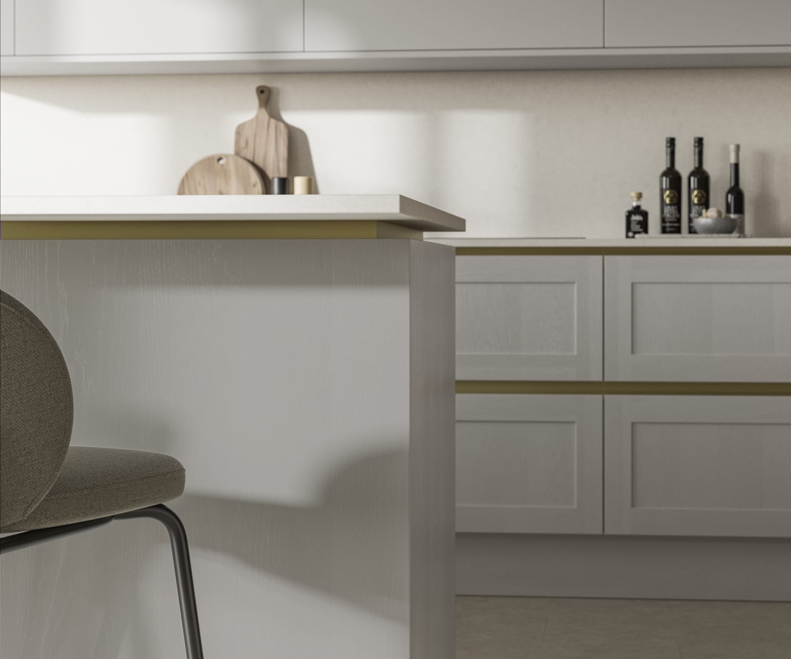 Handleless Shaker kitchen Integra Wardley Sky is traditional and contemporary with its narrow frame door with integrated handles and a painted timber finish.