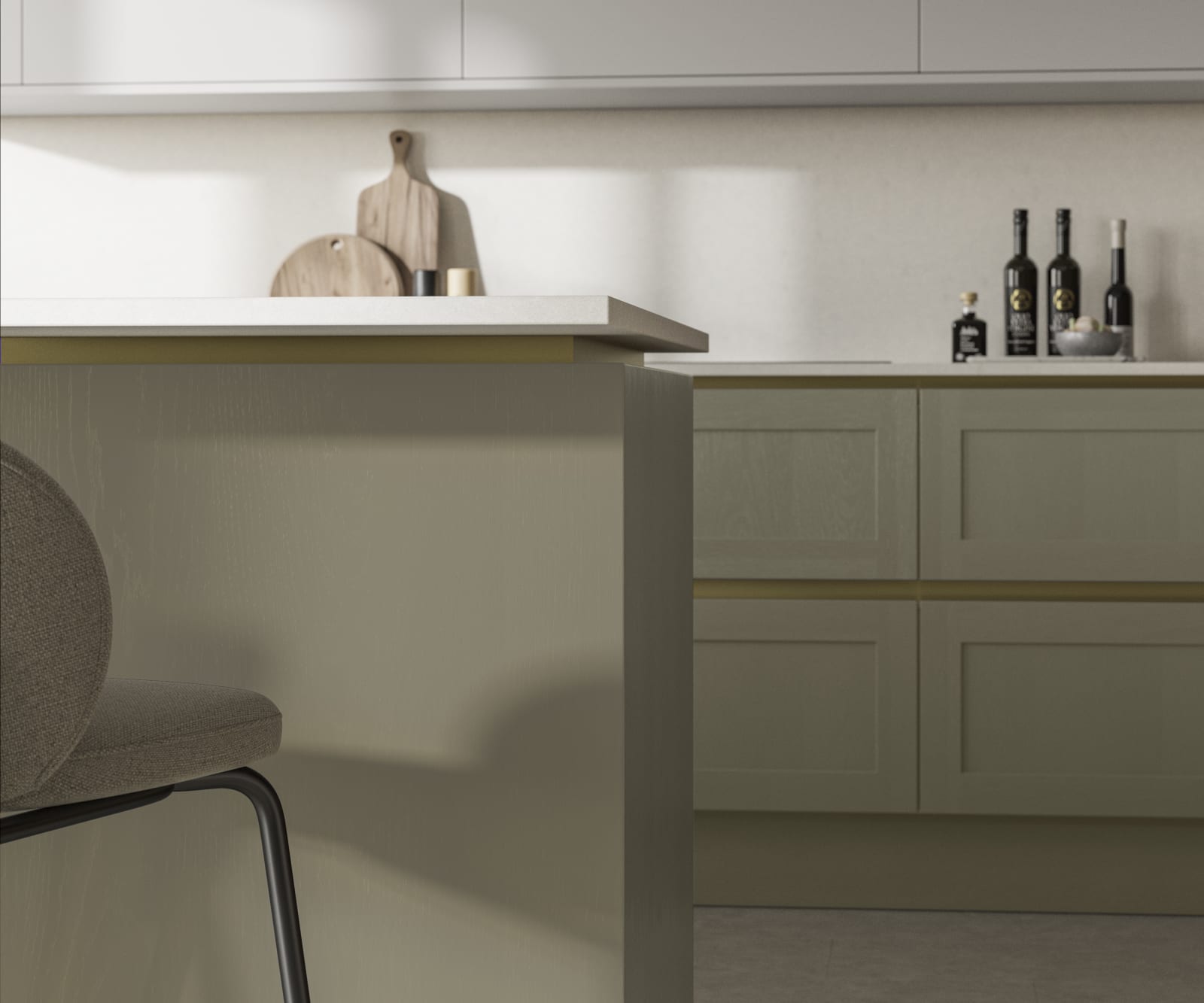 Handleless Shaker kitchen Integra Wardley French Clay is traditional and contemporary with its narrow frame door with integrated handles and a painted timber finish.