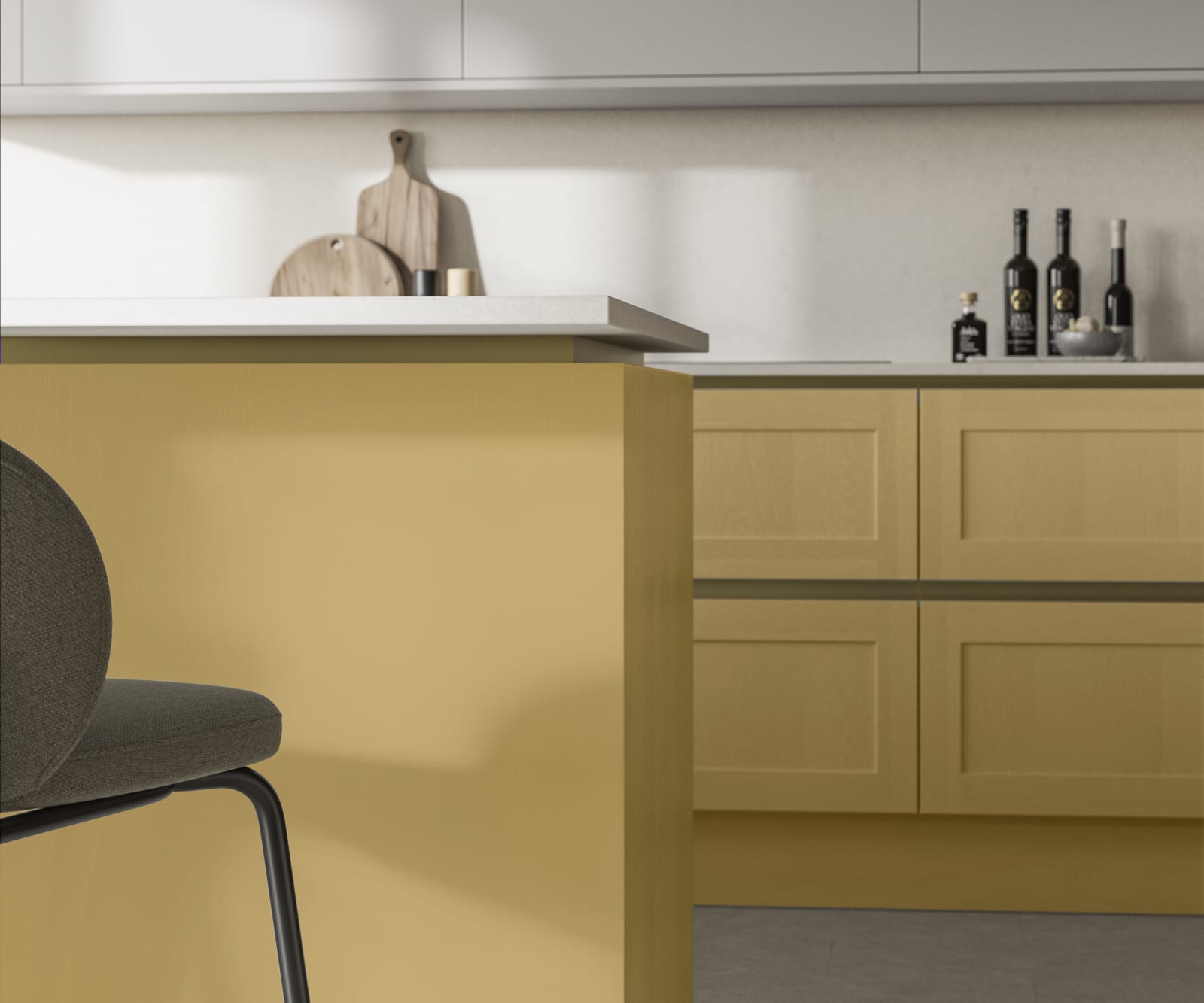 Handleless Shaker kitchen Integra Wardley Harvest is traditional and contemporary with its narrow frame door with integrated handles and a painted timber finish.