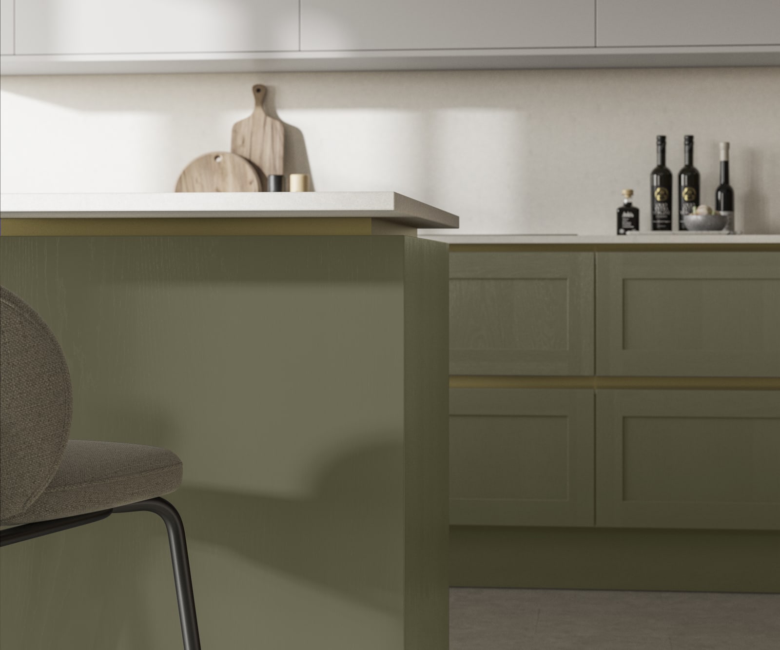 Handleless Shaker kitchen Integra Wardley Misty Moors is traditional and contemporary with its narrow frame door with integrated handles and a painted timber finish.